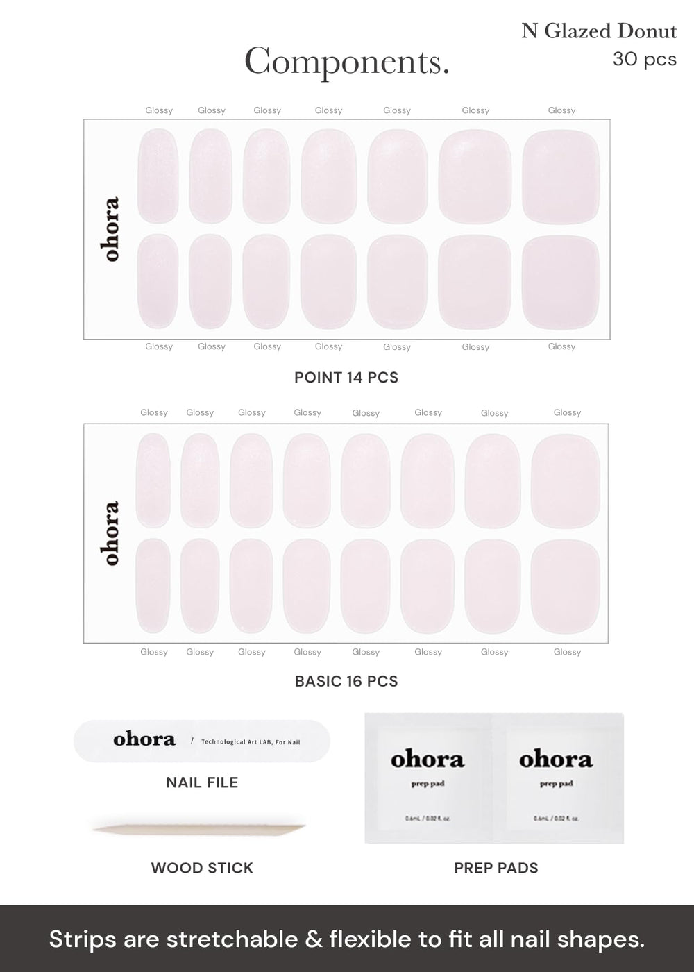 ohora N Glazed Donut toolkit image includes prep pads, file, and wooden stick for precise prep.
