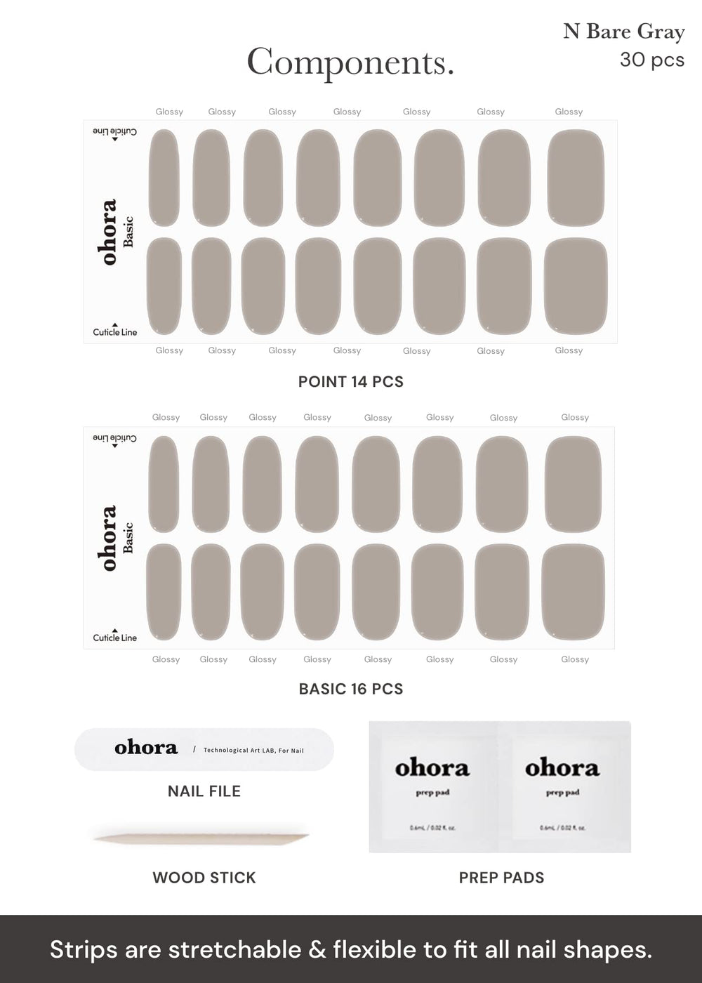 ohora nail strips N Bare Gray application kit includes prep pads and tools