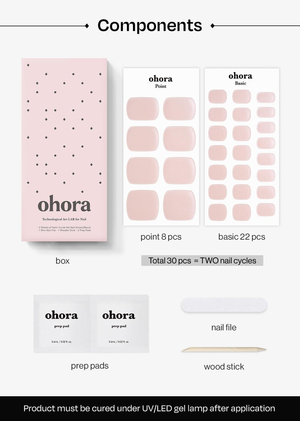 Ohora P Glassy included prep pads, file, and wooden stick enhance application.