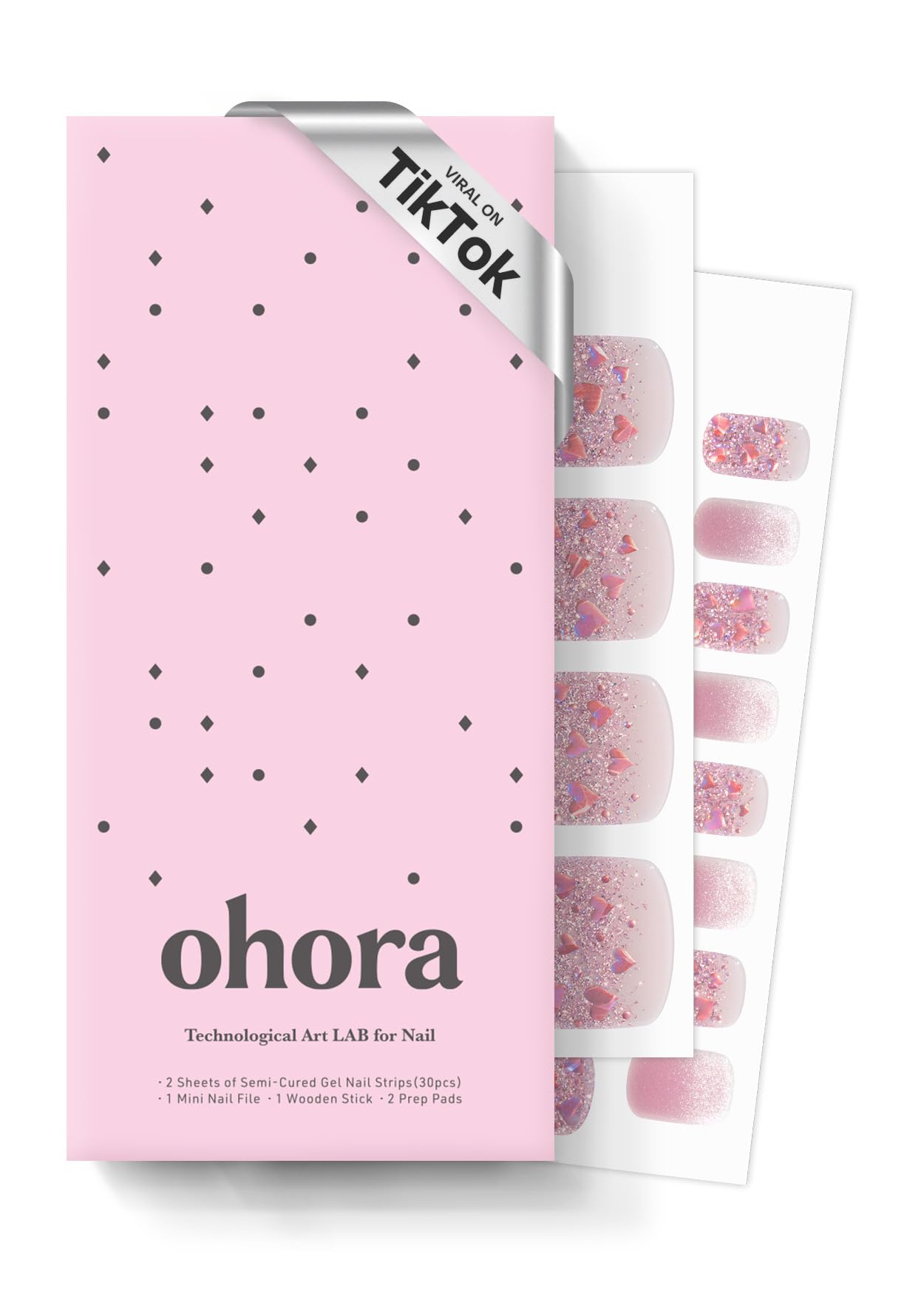 Ohora P Heart Glimmer package shows 30 nail wraps and tools for salon-style nails at home.
