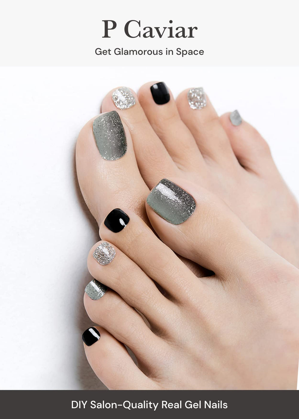ohora Semi Cured Gel Pedi Strips P Caviar nails application closeup showing quick, beginner-friendly nail art