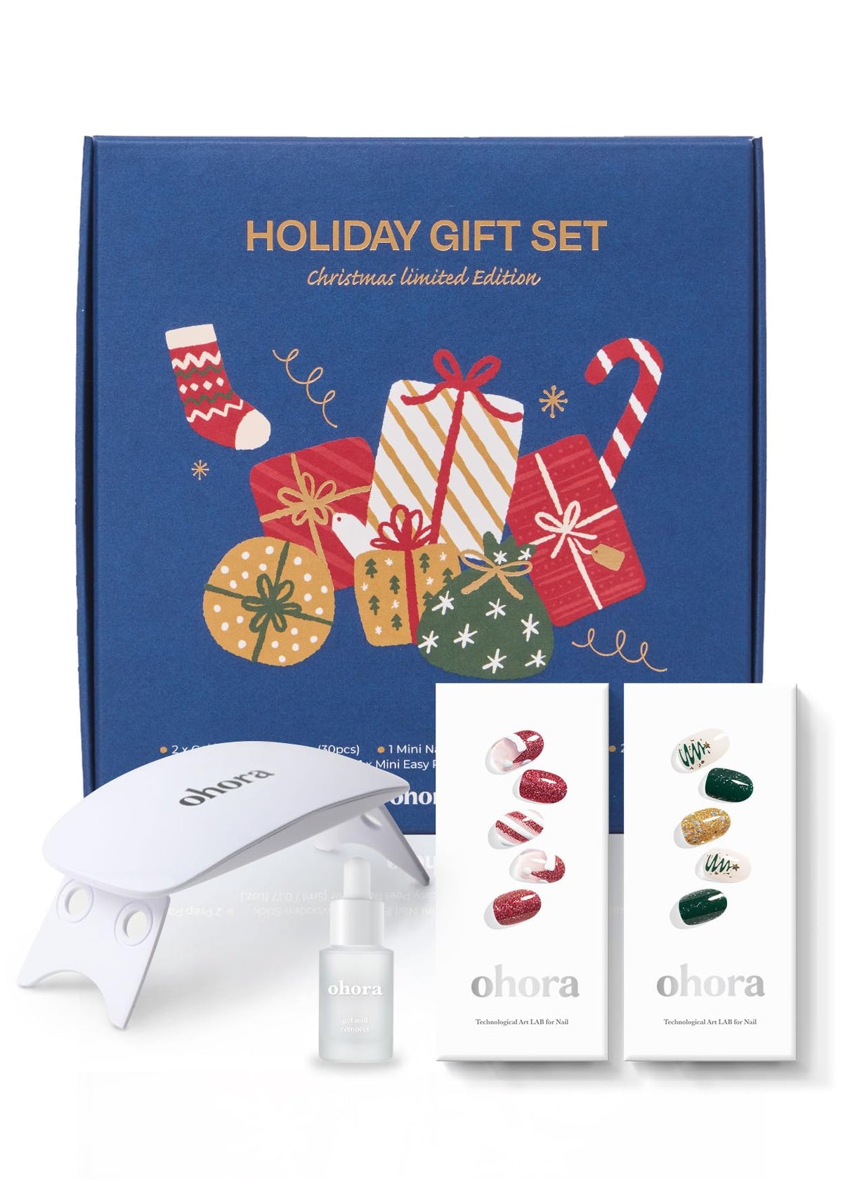 ohora Santa Cane set packaging showing 30 nail strips and included tools for at-home salon nails