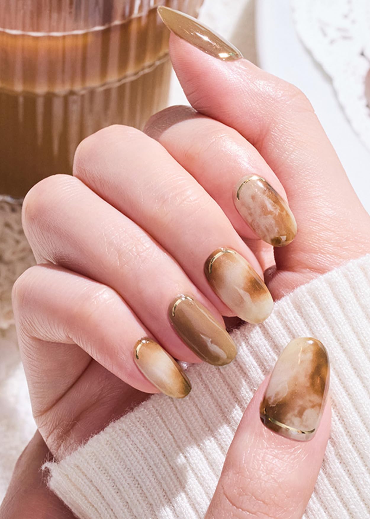 Ohora N Cafe Creme gel nail strips application steps for quick at-home manicure.