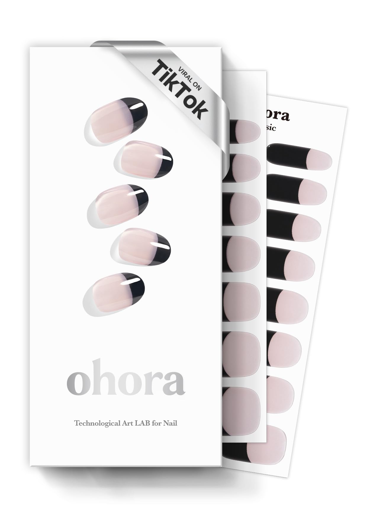 ohora semi-cured gel nail strips in black N Chic French swatches for a bold at-home manicure