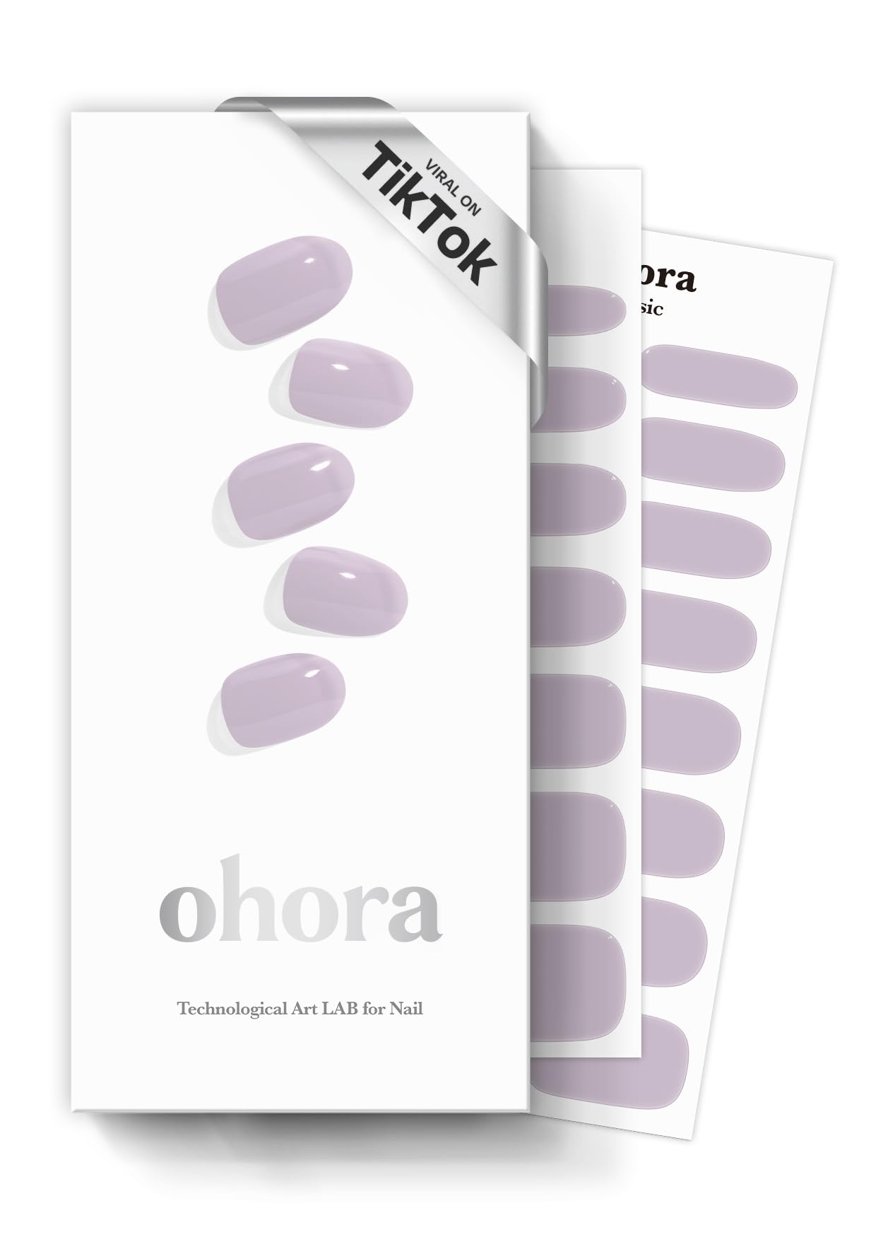ohora Semi Cured Gel Nail Strips N Cream Lavender packaging with prep pads and tools for at-home nails