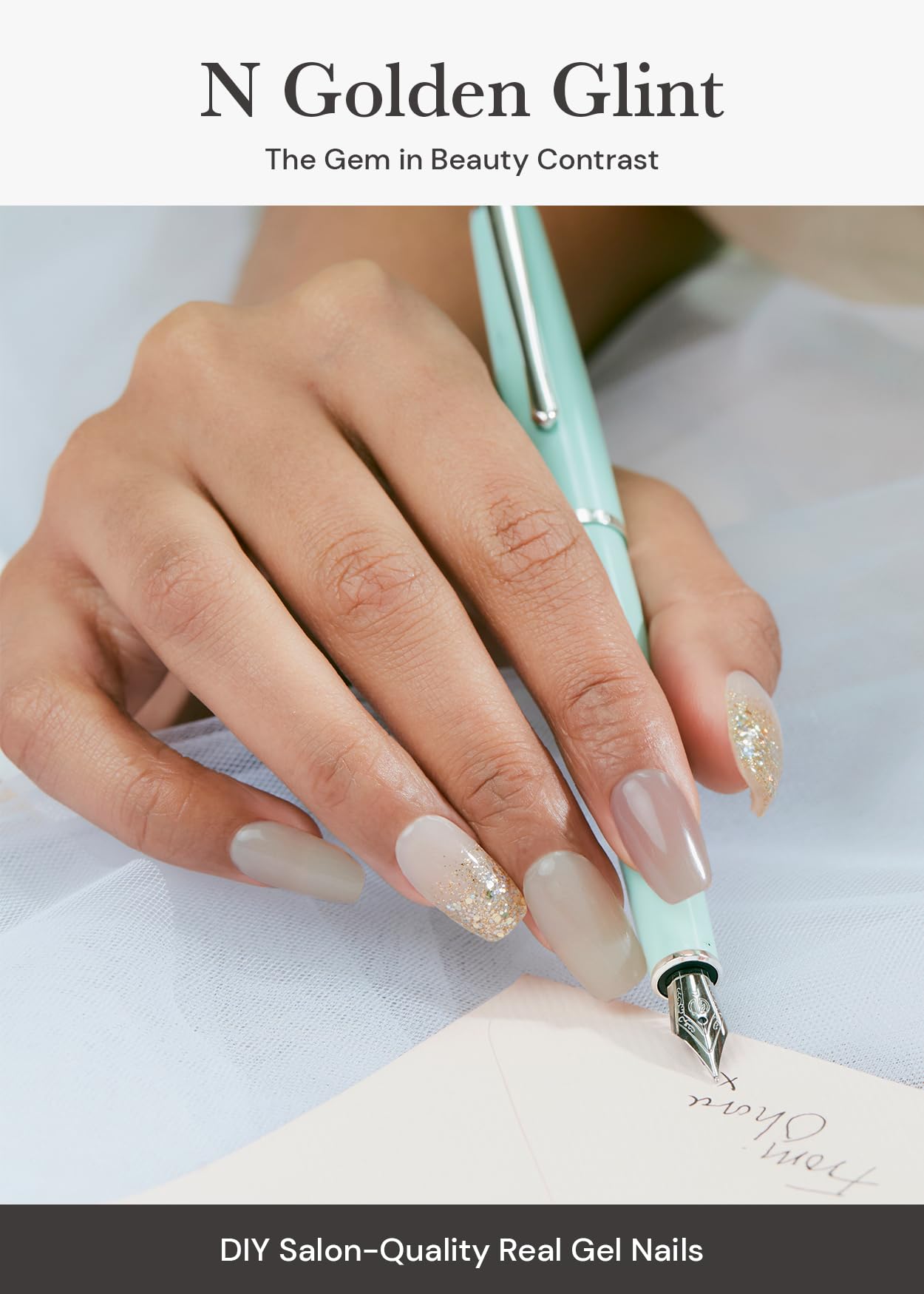 ohora Semi Cured Gel Nail Strips N Golden Glint application step shows easy alignment.