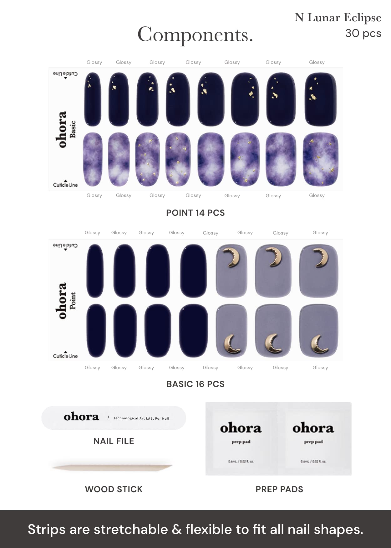 Ohora Lunar Eclipse included prep pads, file, and wooden stick.