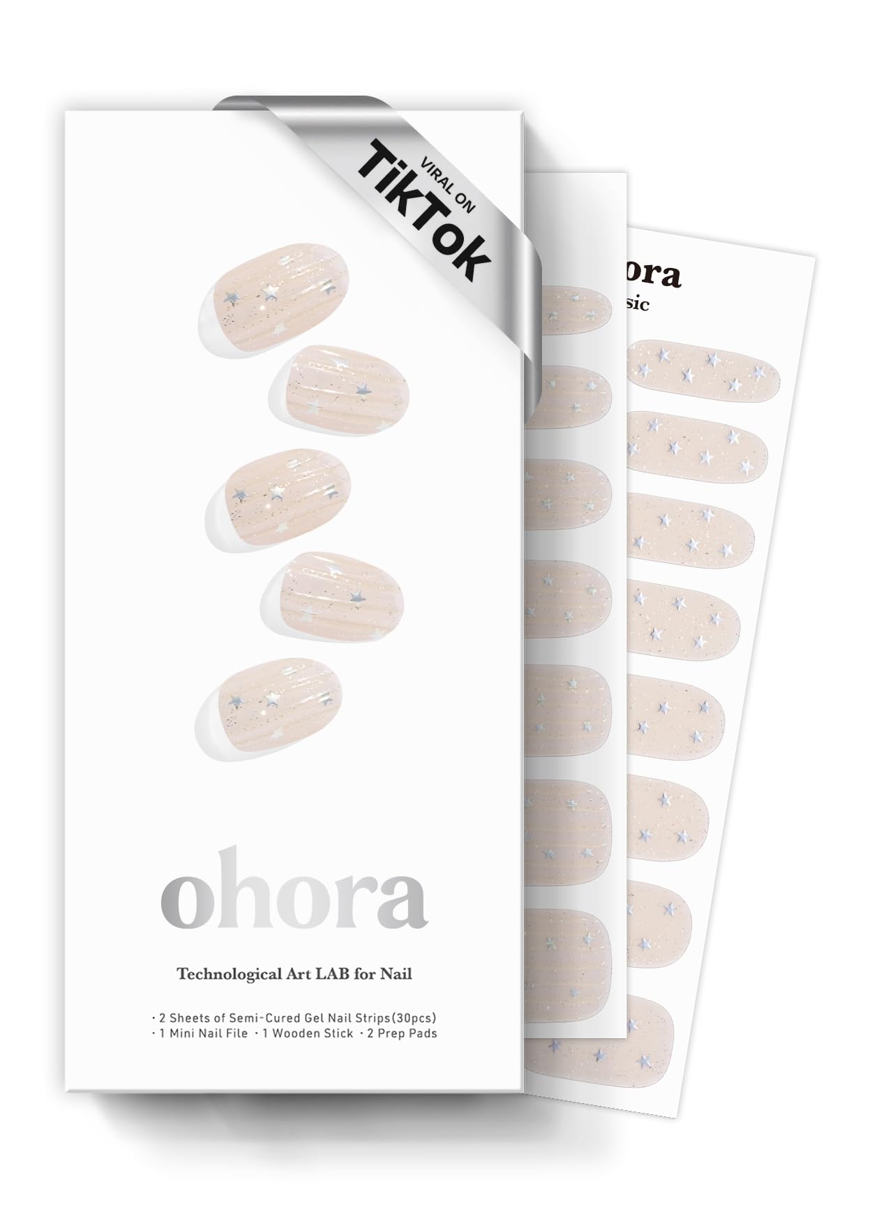 ohora Semi Cured Gel Nail Strips N Milky Star box closeup for at-home manicure convenience.