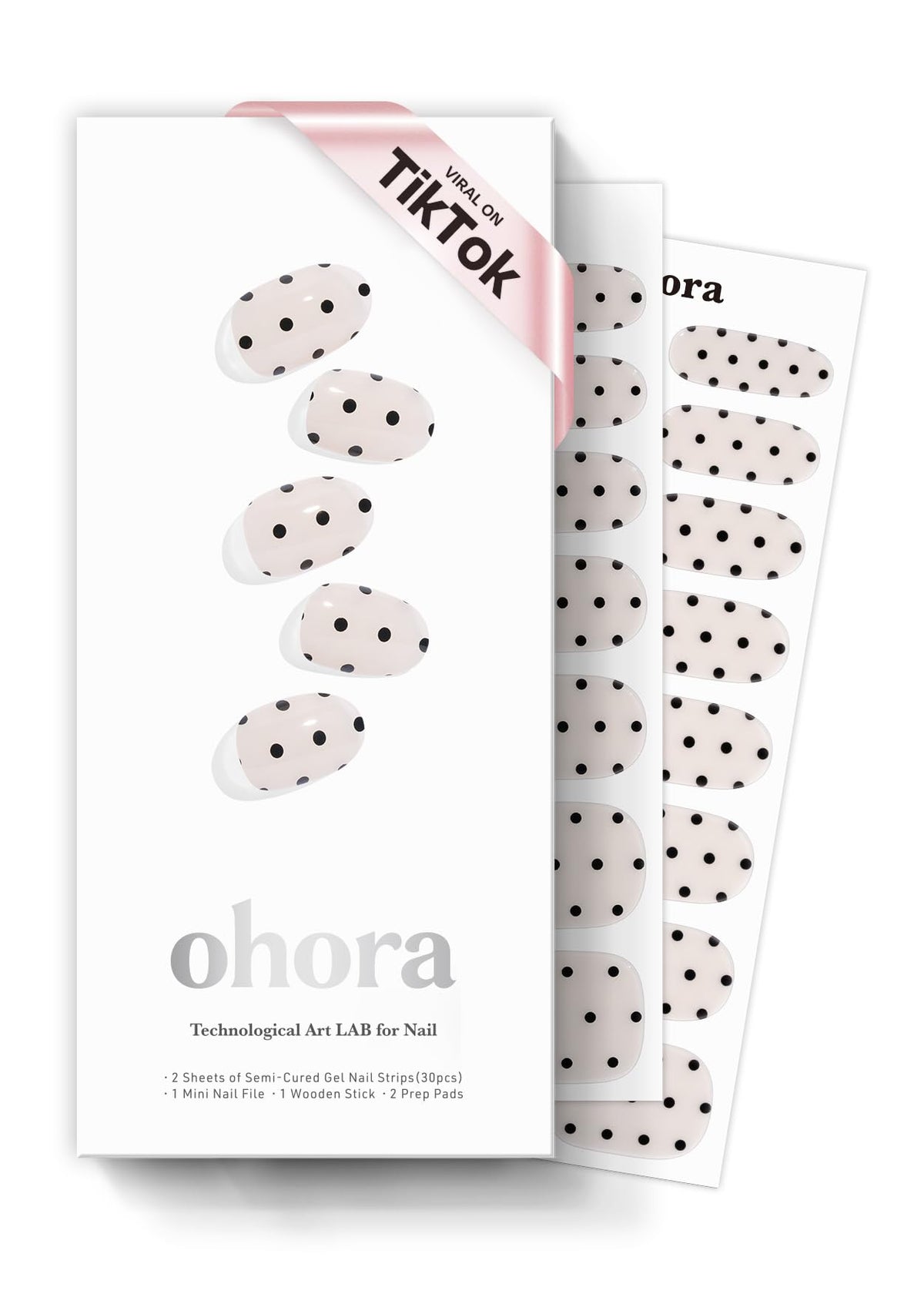 ohora Semi Cured Gel Nail Strips N Polka Noir box shows salon-ready colors for at-home manicures.