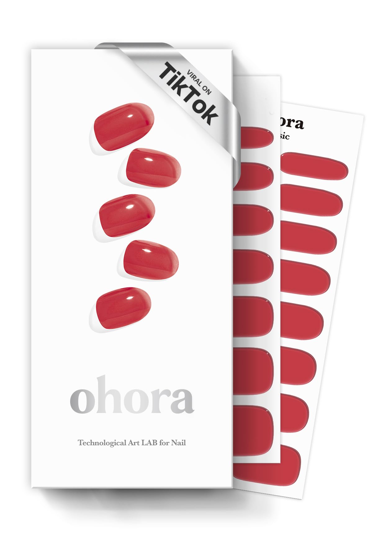 ohora semi cured gel nail strips N Tint Brick swatch showing long-lasting color up to 2 weeks.