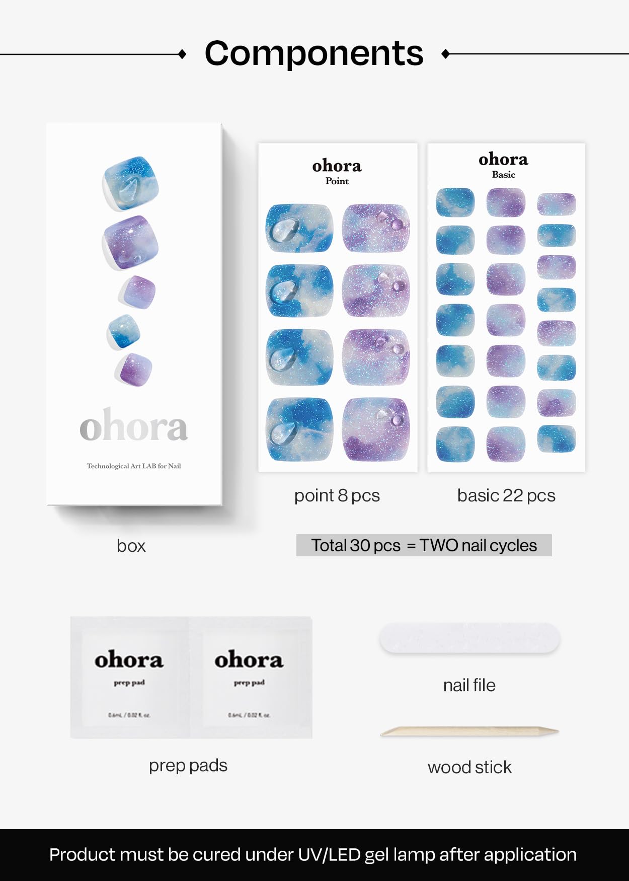 ohora Semi Cured Gel Pedi Strips P Ajisai Drop packaging and prep tools included