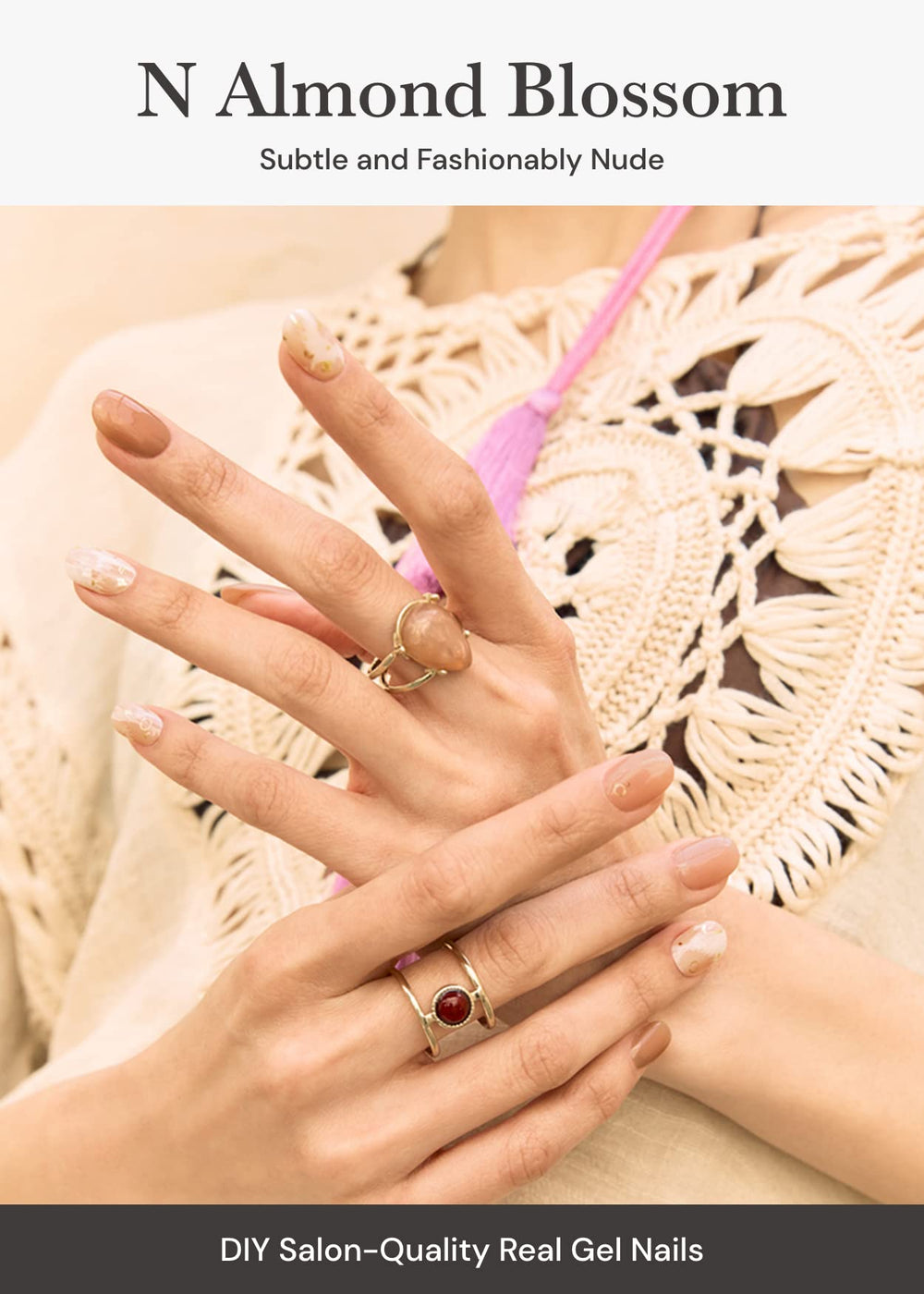 ohora semi-cured nail strips almond blossom on nails—showcases fast, easy application for busy days