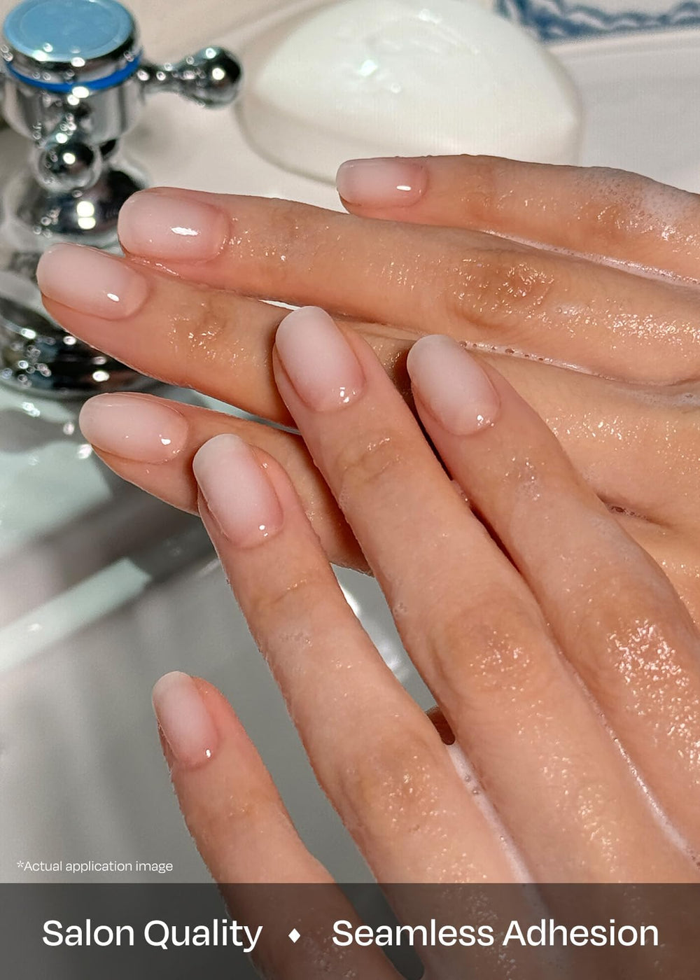 ohora semi cured nail strips Coconut Jelly under lamp cure shows lasting shine.