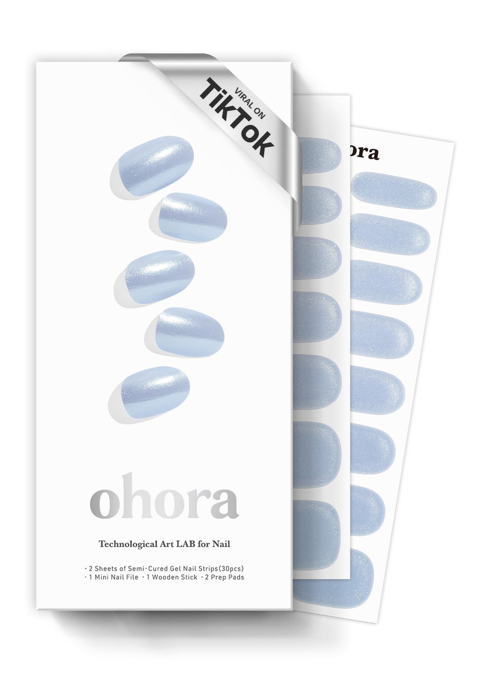 ohora semi cured gel nail strips light blue chrome closeup salon-grade finish