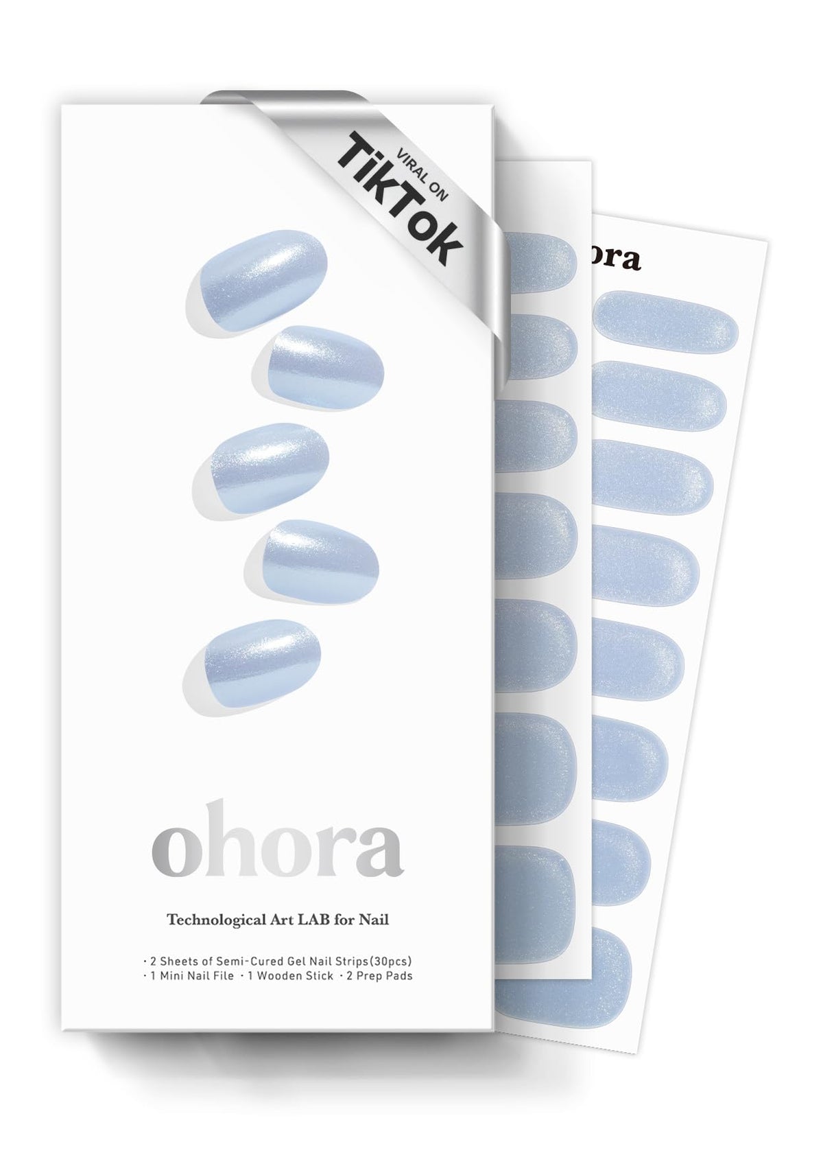 ohora semi cured gel nail strips light blue chrome closeup salon-grade finish