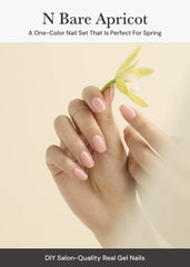 ohora Semi Cured Gel Nail Strips N Bare Apricot application on nails demonstrates easy at-home use.