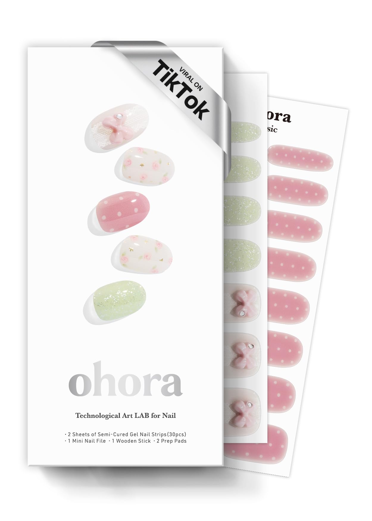 ohora Semi Cured Gel Nail Strips N Bloom Bonbon box provides quick salon-like nails.