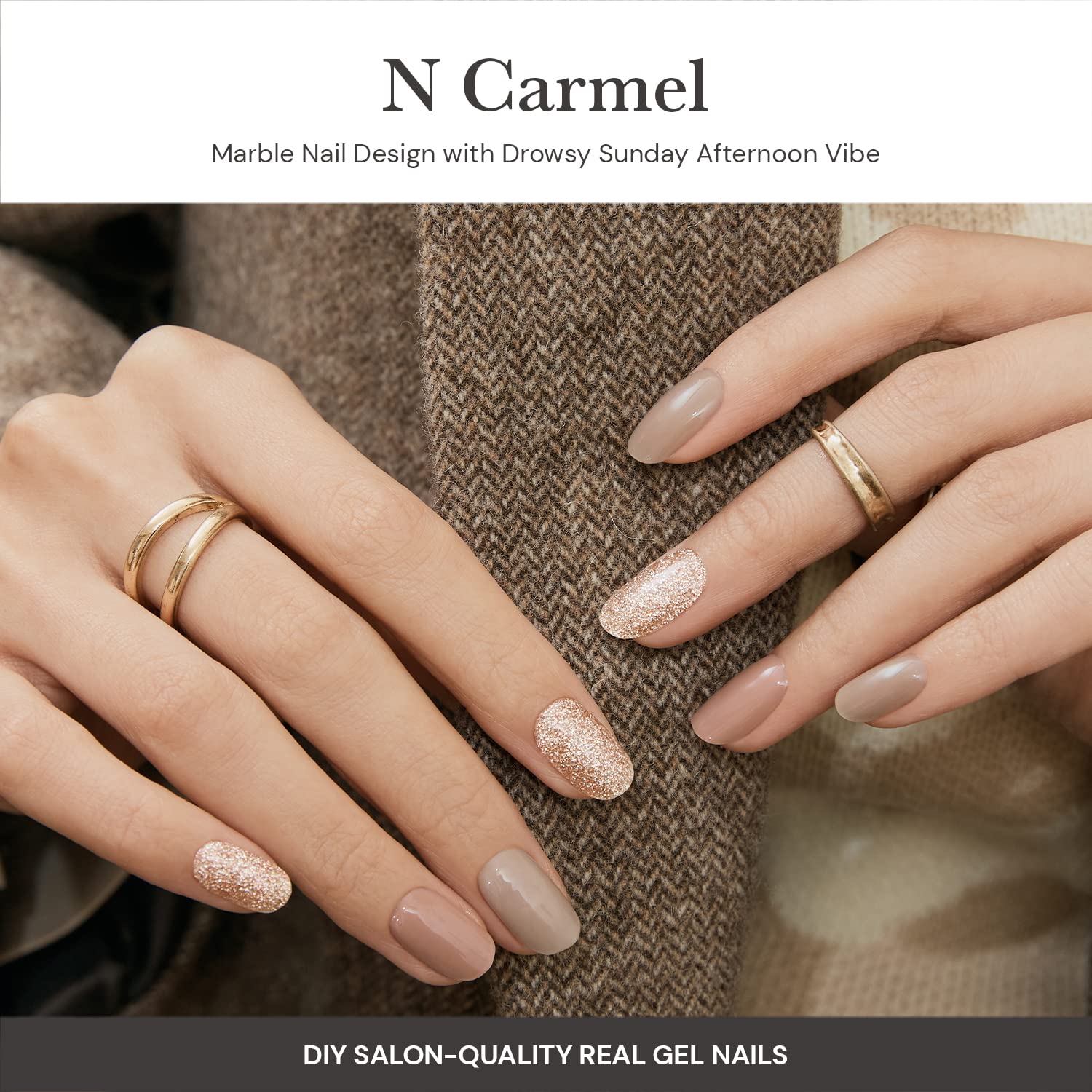 Ohora Semi Cured Nail Strips N Carmel accent glitter for chic nail art.