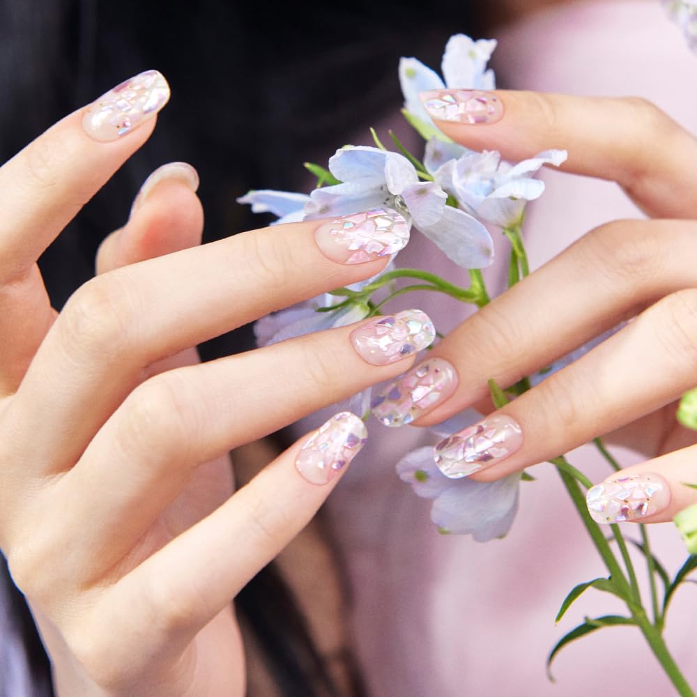 ohora semi-cured nail strips n petal rain pattern closeup highlights purple design and texture