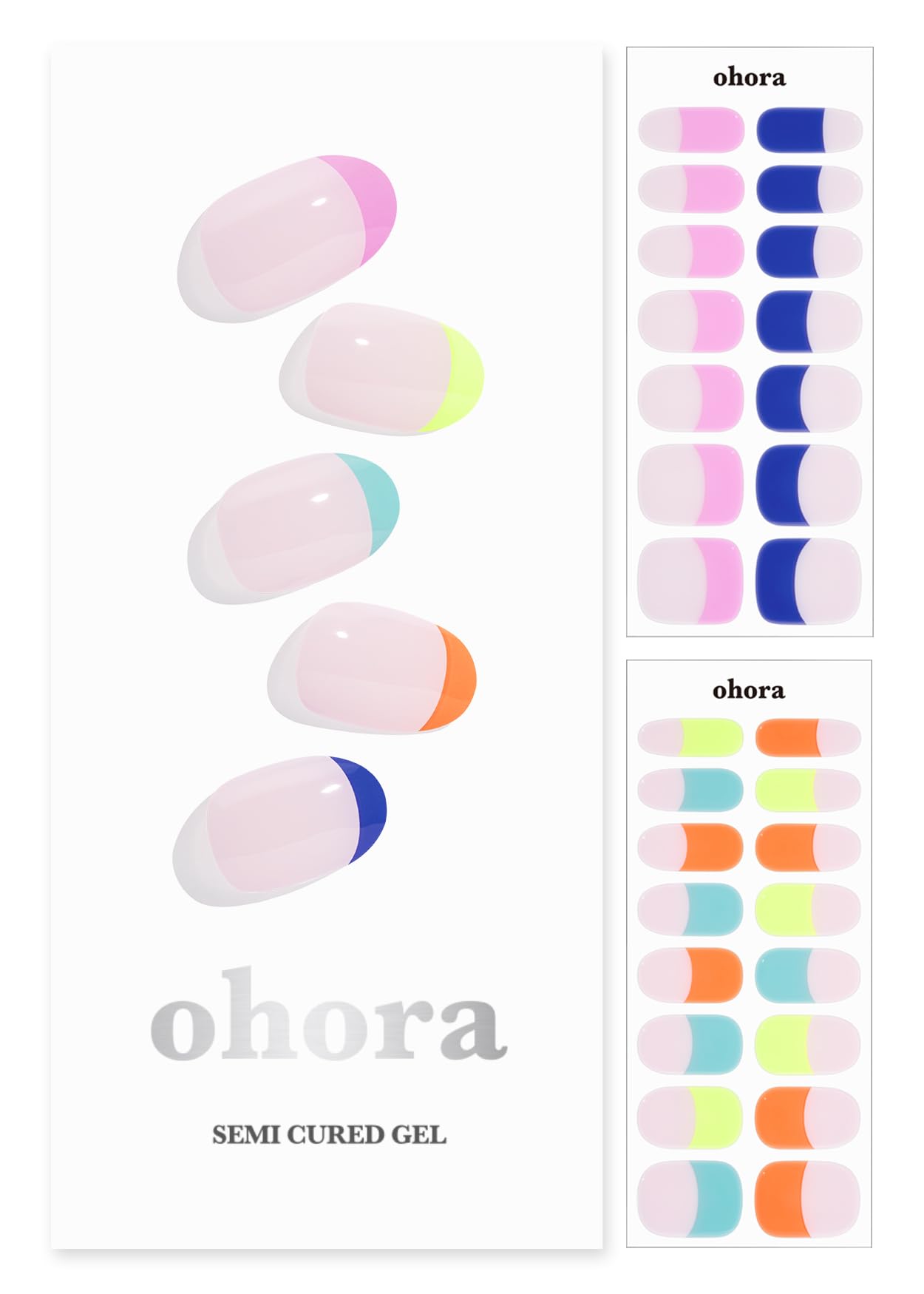 ohora semi cured gel nail strips N Rainbow French kit packaging for salon-quality home nails.