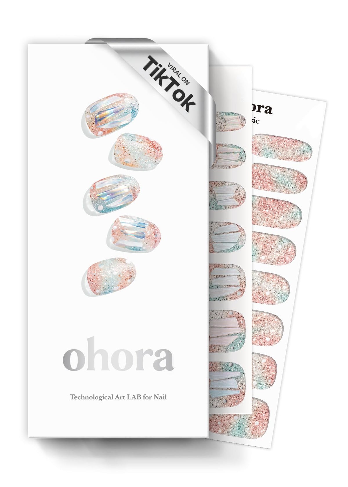 ohora semi cured nail strips Newtro No.1 white metallic close-up for salon-quality finish