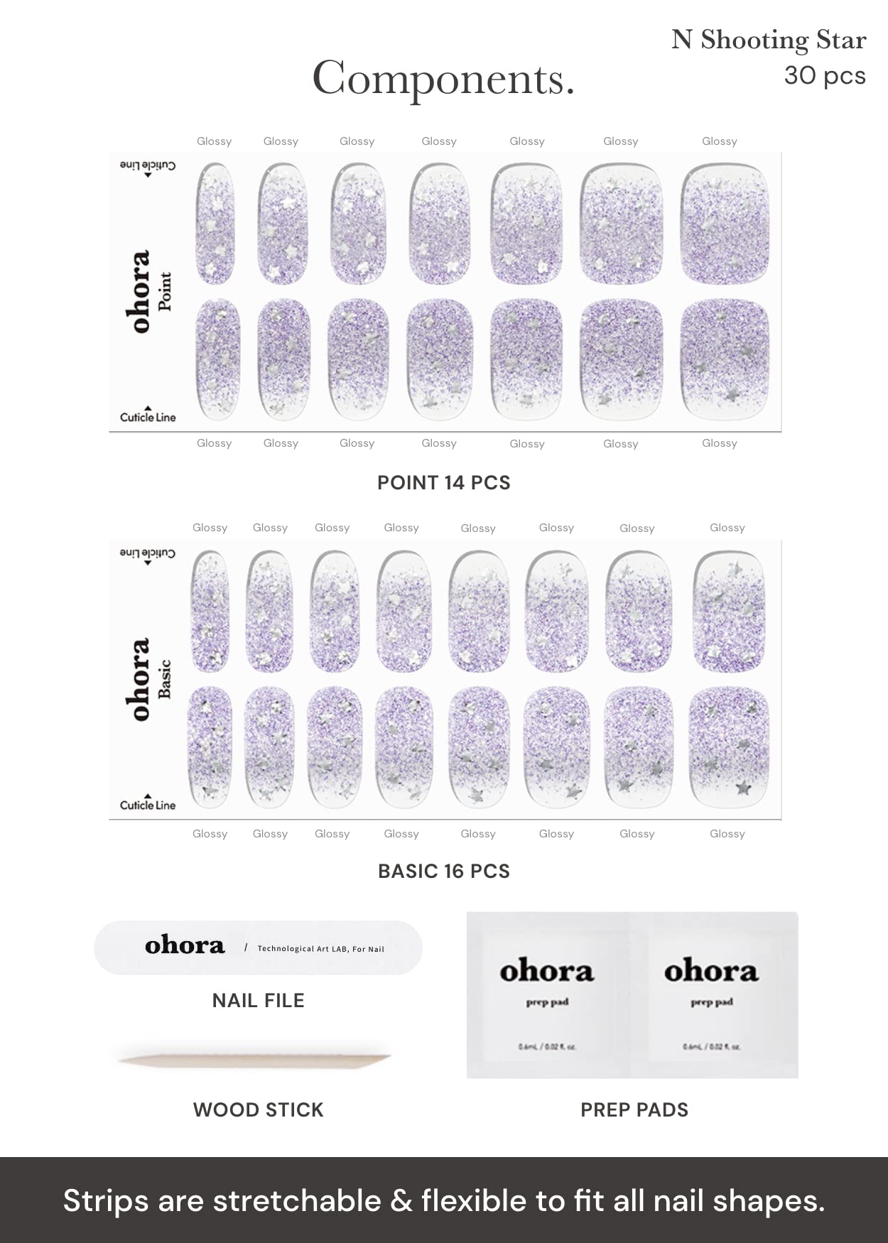 ohora Semi Cured Nail Strips Shooting Star tools included kit with prep pads