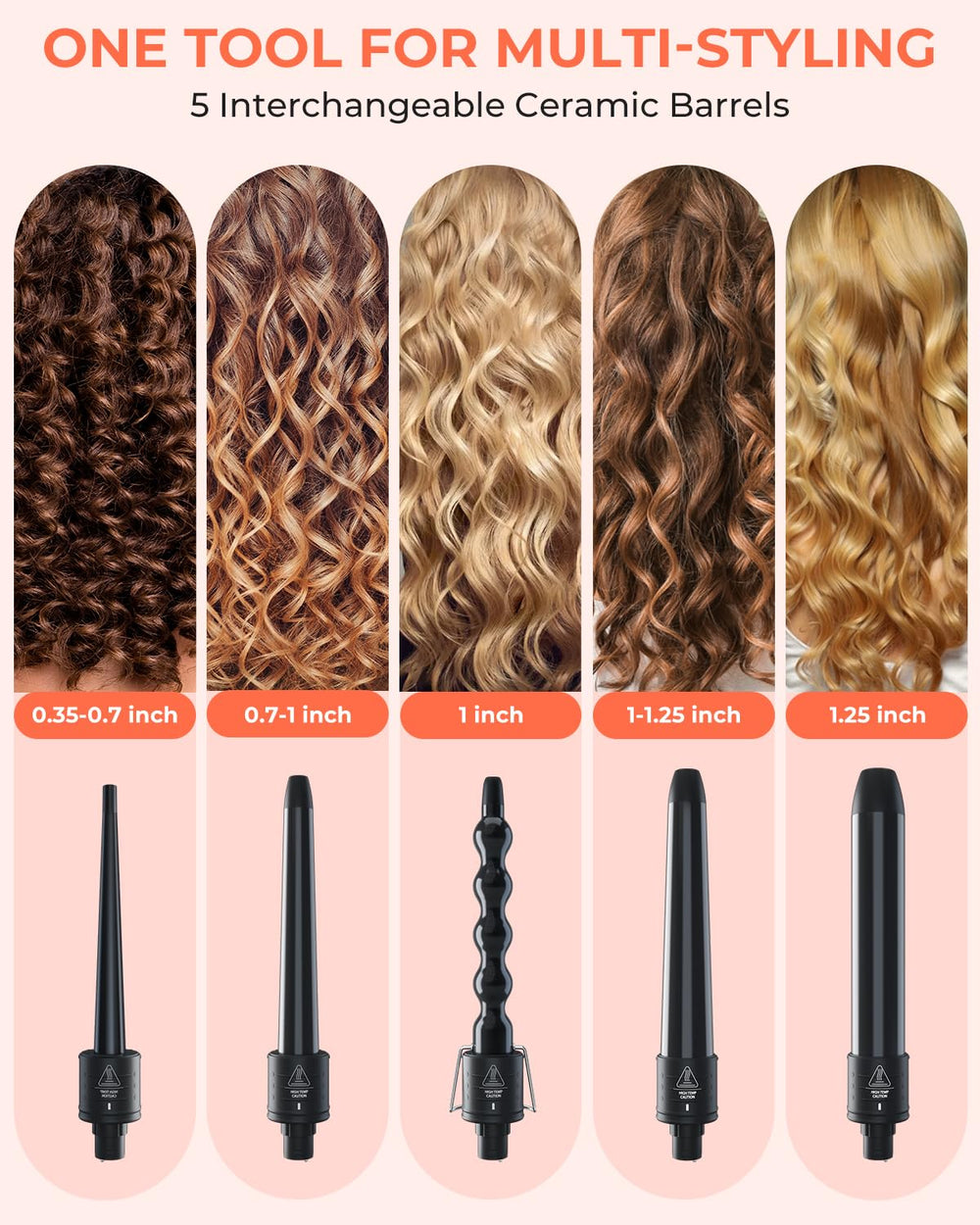 Ohuhu curling wand 0.35-0.7 inch barrel for tight curls.