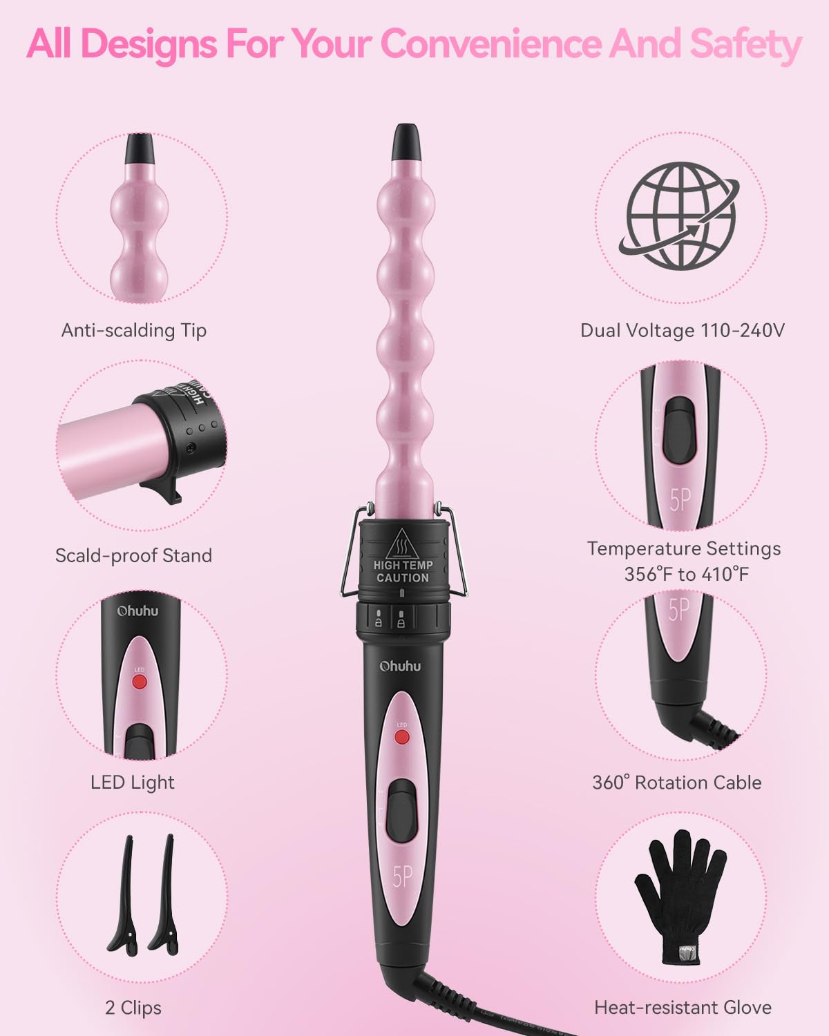 Ohuhu curling wand set dual-voltage label closeup for worldwide use
