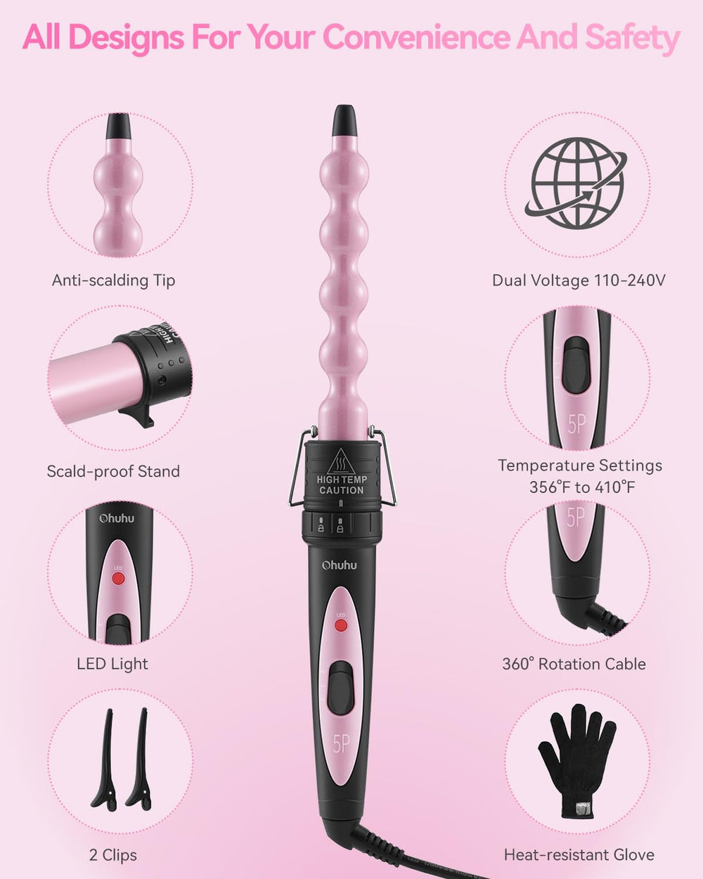 Ohuhu curling wand set dual-voltage label closeup for worldwide use