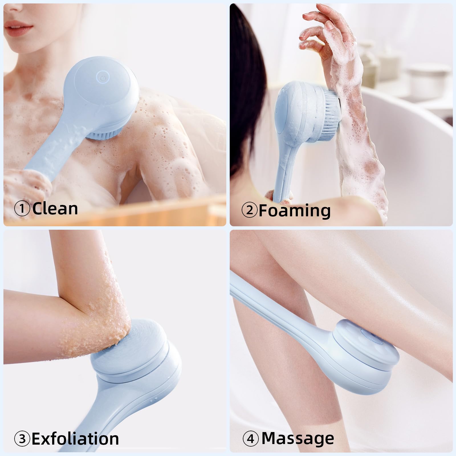 OhXiYu electric body brush bendable secondary handle for hard-to-reach areas.