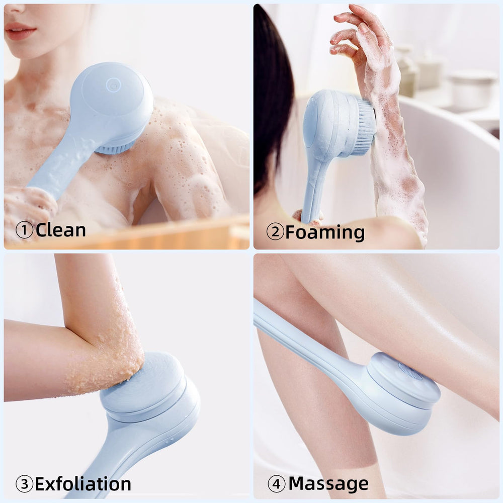 OhXiYu electric body brush bendable secondary handle for hard-to-reach areas.