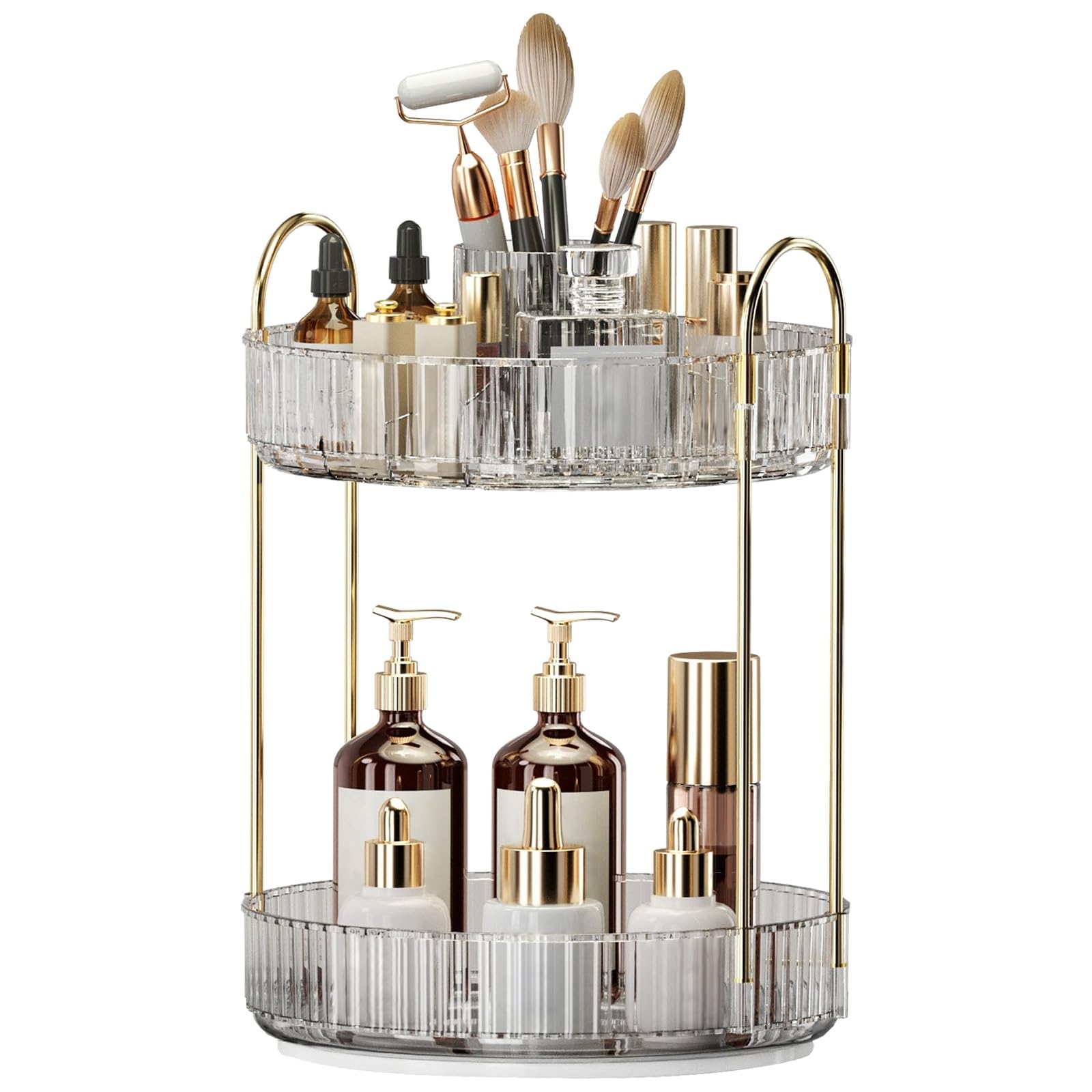 Oifecsie 360° rotating makeup organizer top compartment keeps brushes neatly separated and accessible.