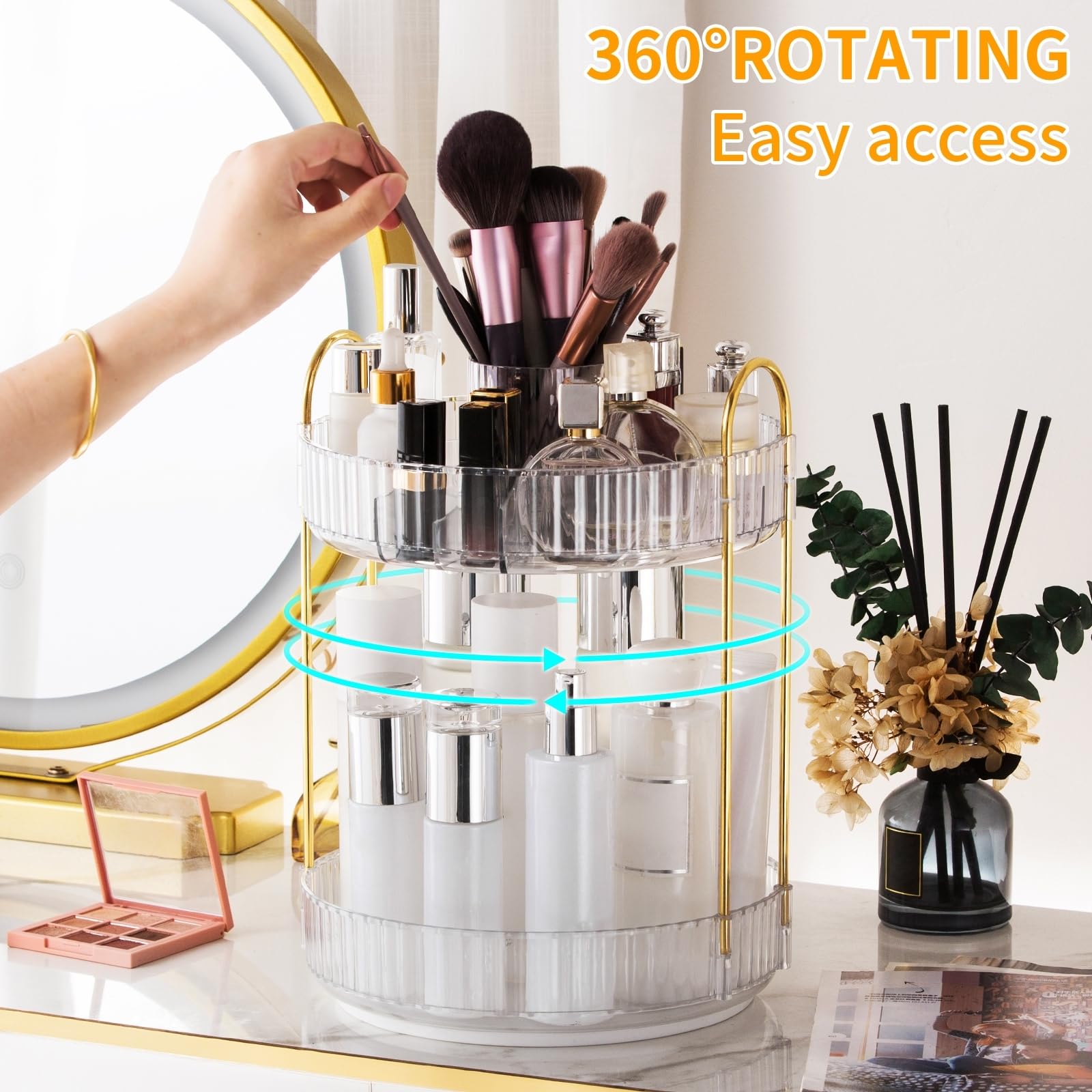Oifecsie perfume organizer rotating holds fragrance bottles neatly during daily routines.