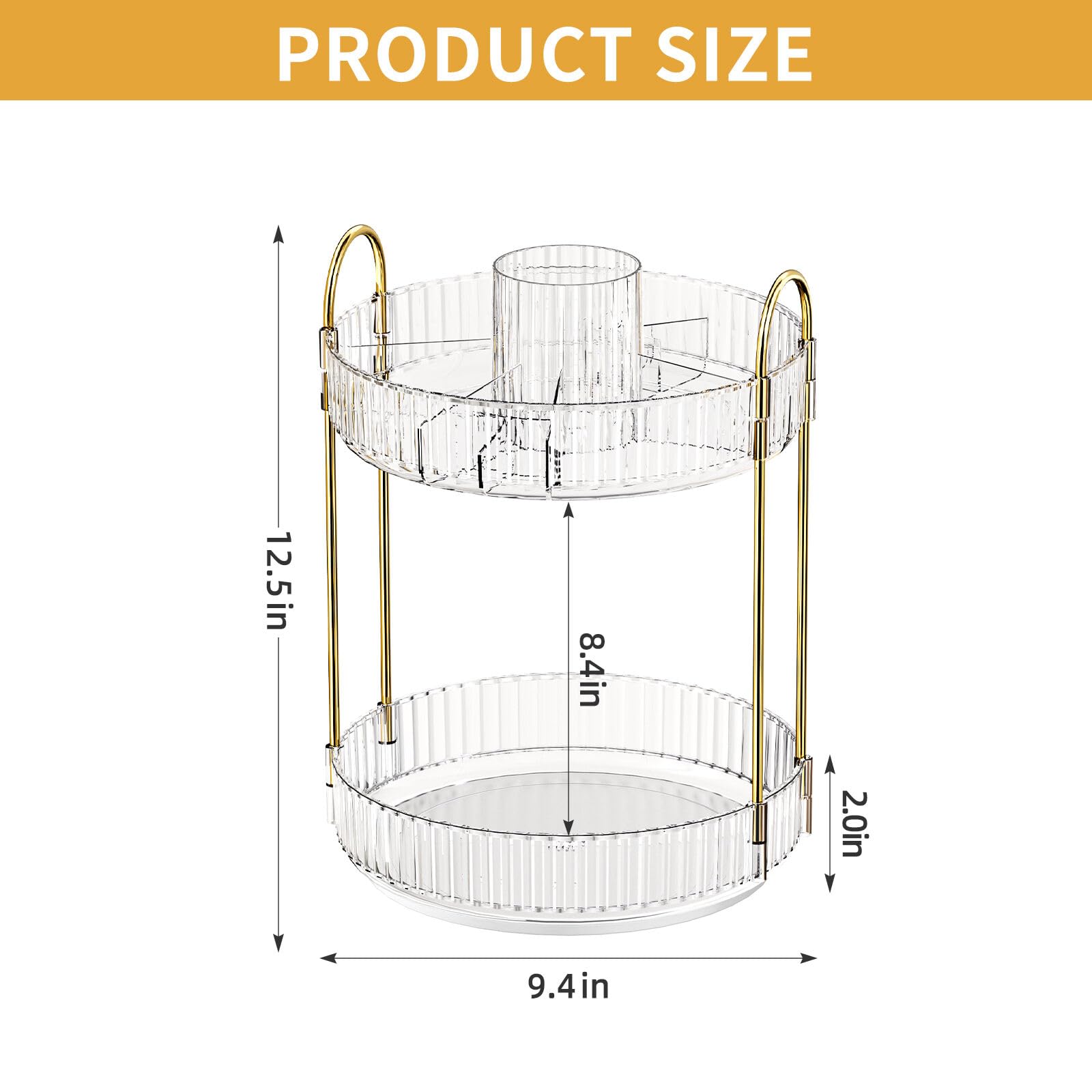 Oifecsie rotating makeup organizer side view shows sturdy PET construction and rotating mechanism.