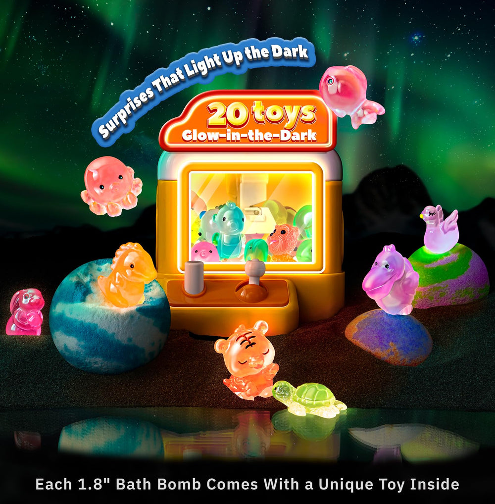 OinkSplash bath bomb fizz creates color bursts and a glow-in-the-dark toy reveal.