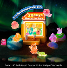 OinkSplash bath bomb fizz creates color bursts and a glow-in-the-dark toy reveal.