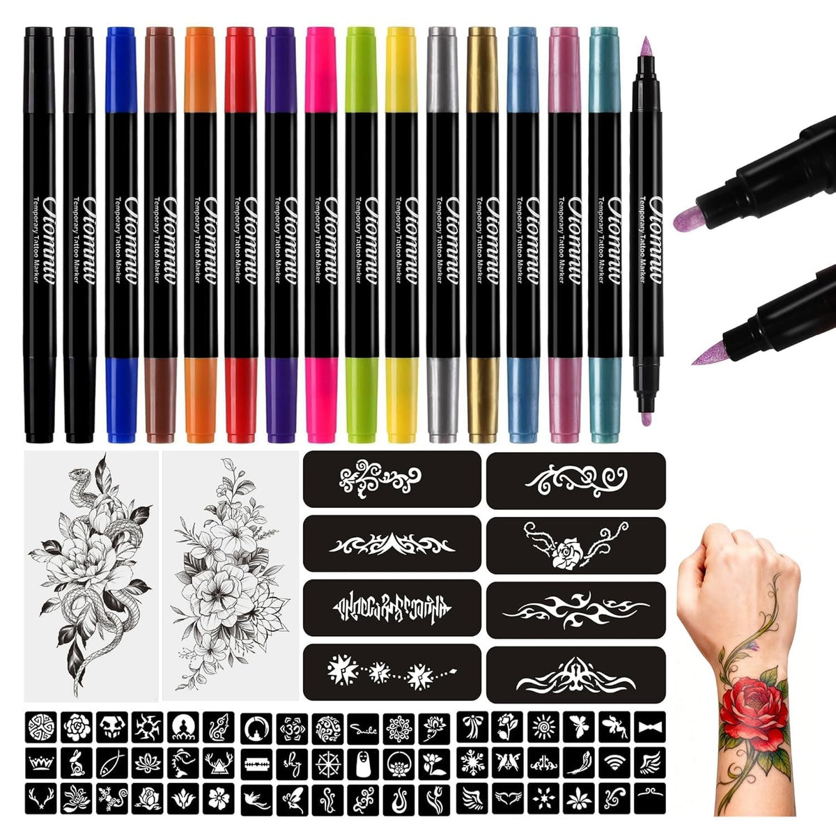 Oiomniv tattoo markers packaging showcasing vibrant rainbow pens for creative body art.