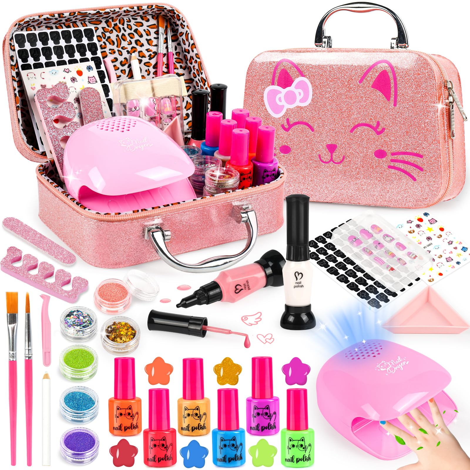 Oisacirg Kids Nail Polish Set cat storage case keeps art supplies tidy for playtime.
