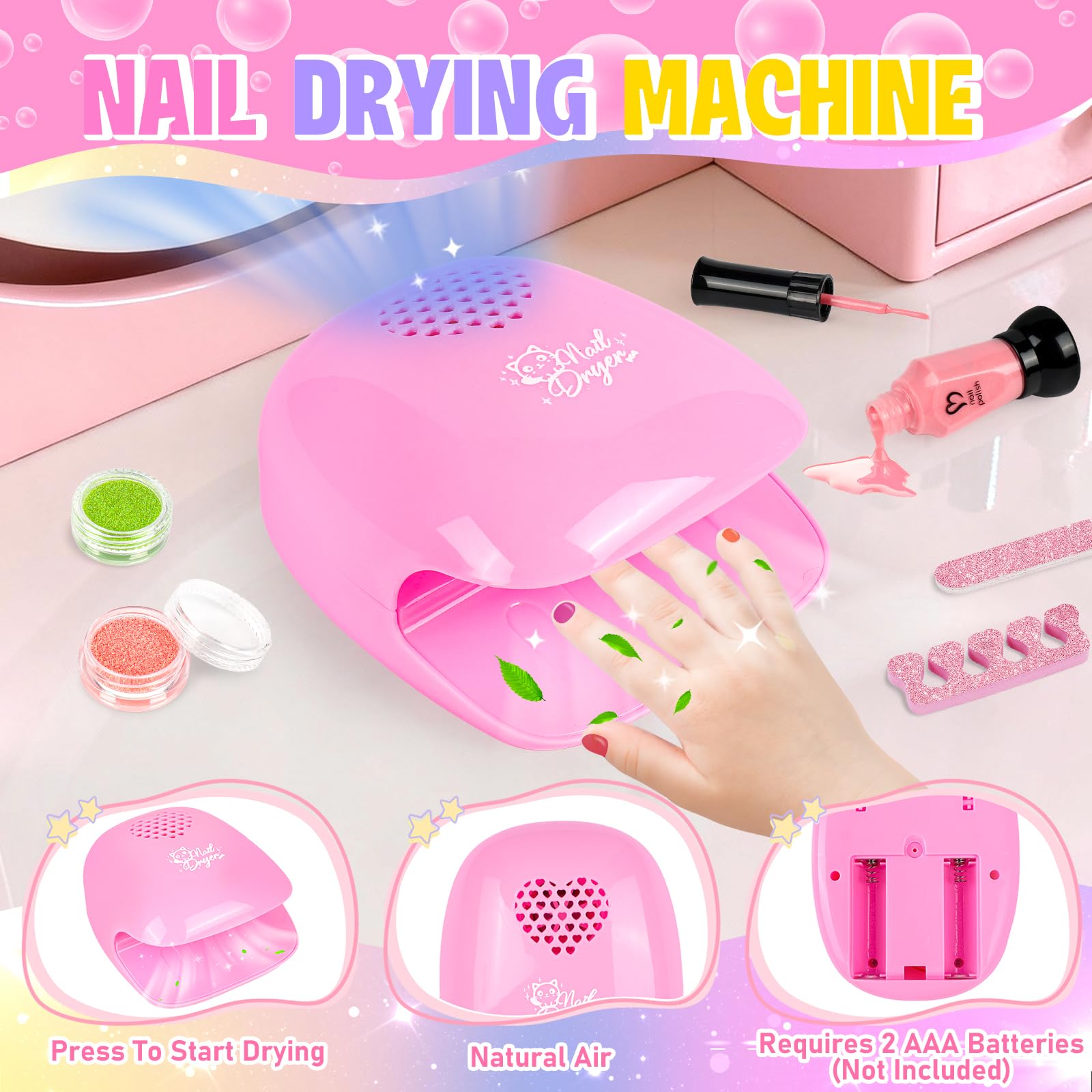 Oisacirg Kids Nail Polish Set nail dryer dries nails quickly with room-temperature air.