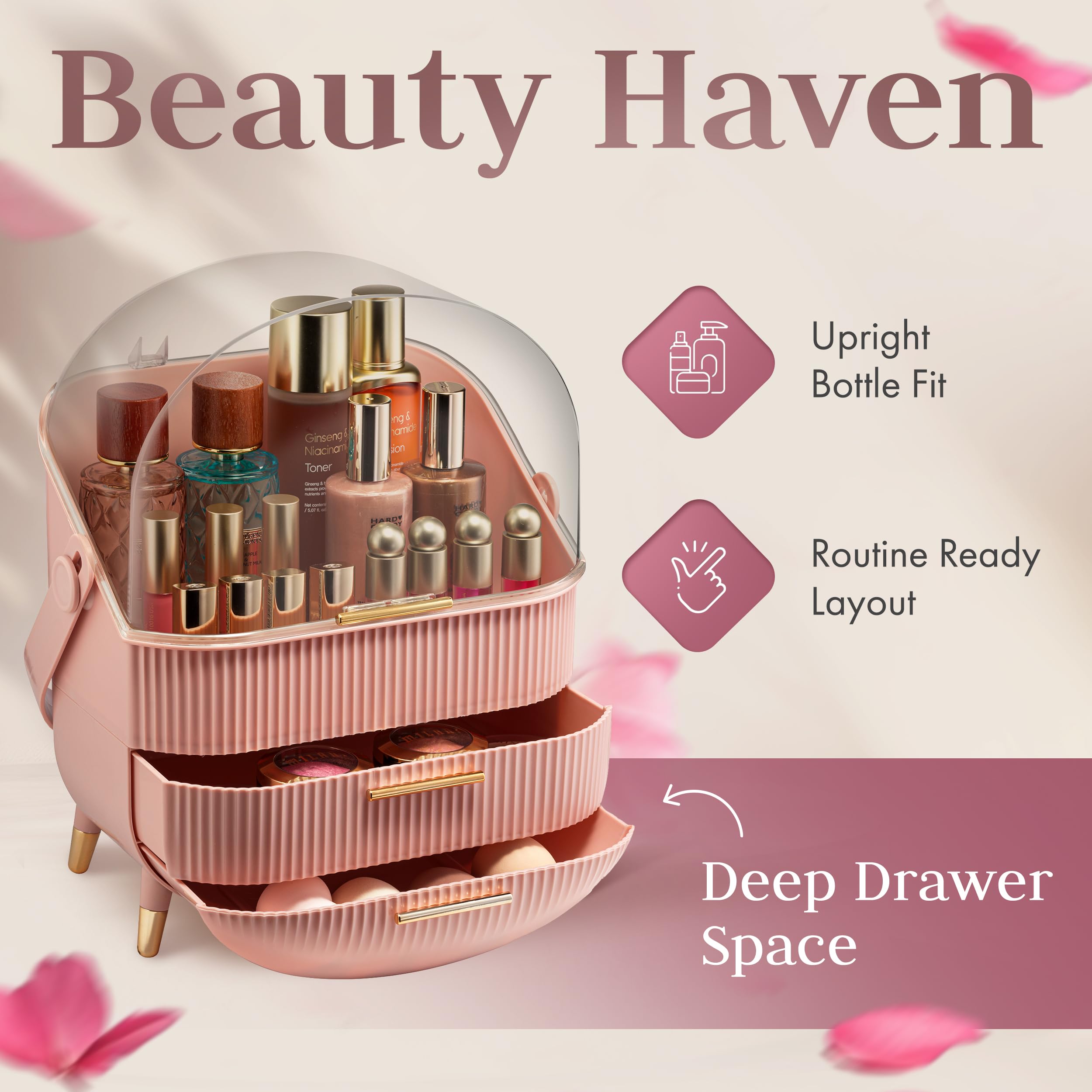 Oizeir chic pink vanity decor adds style while keeping essentials within reach.