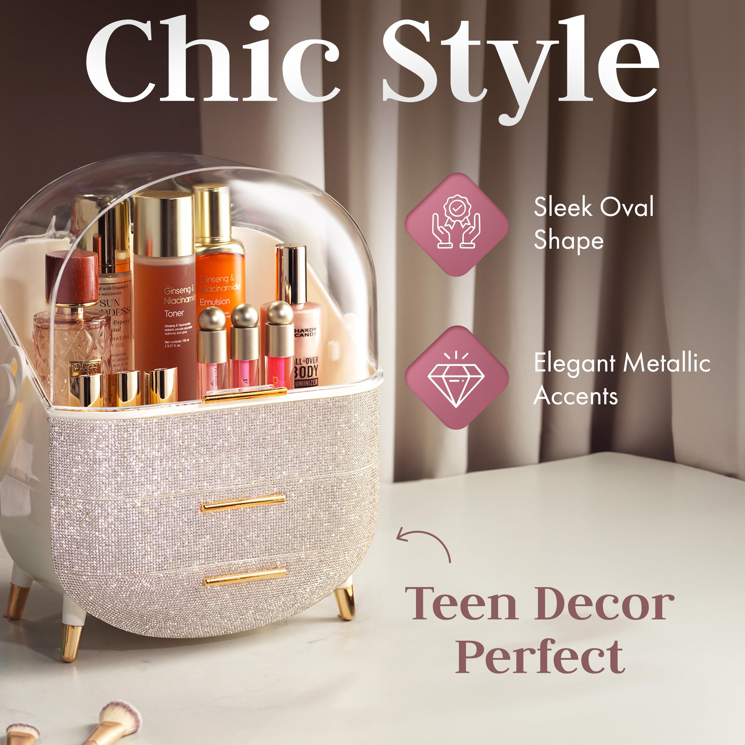 Oizeir organizer with deep drawers stores full skincare routines.