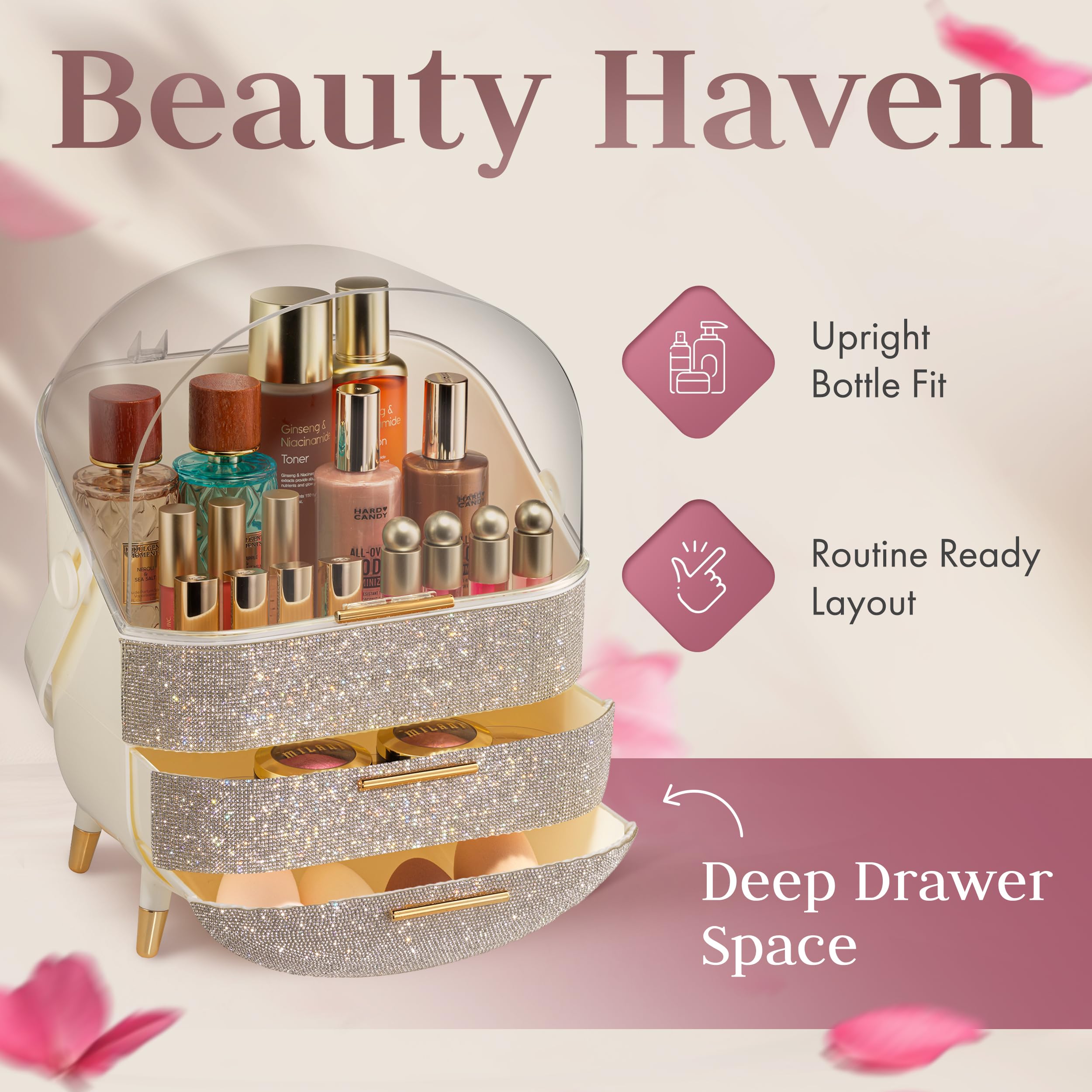 Oizeir oval-shaped organizer adds sleek vanity style while storing clutter.