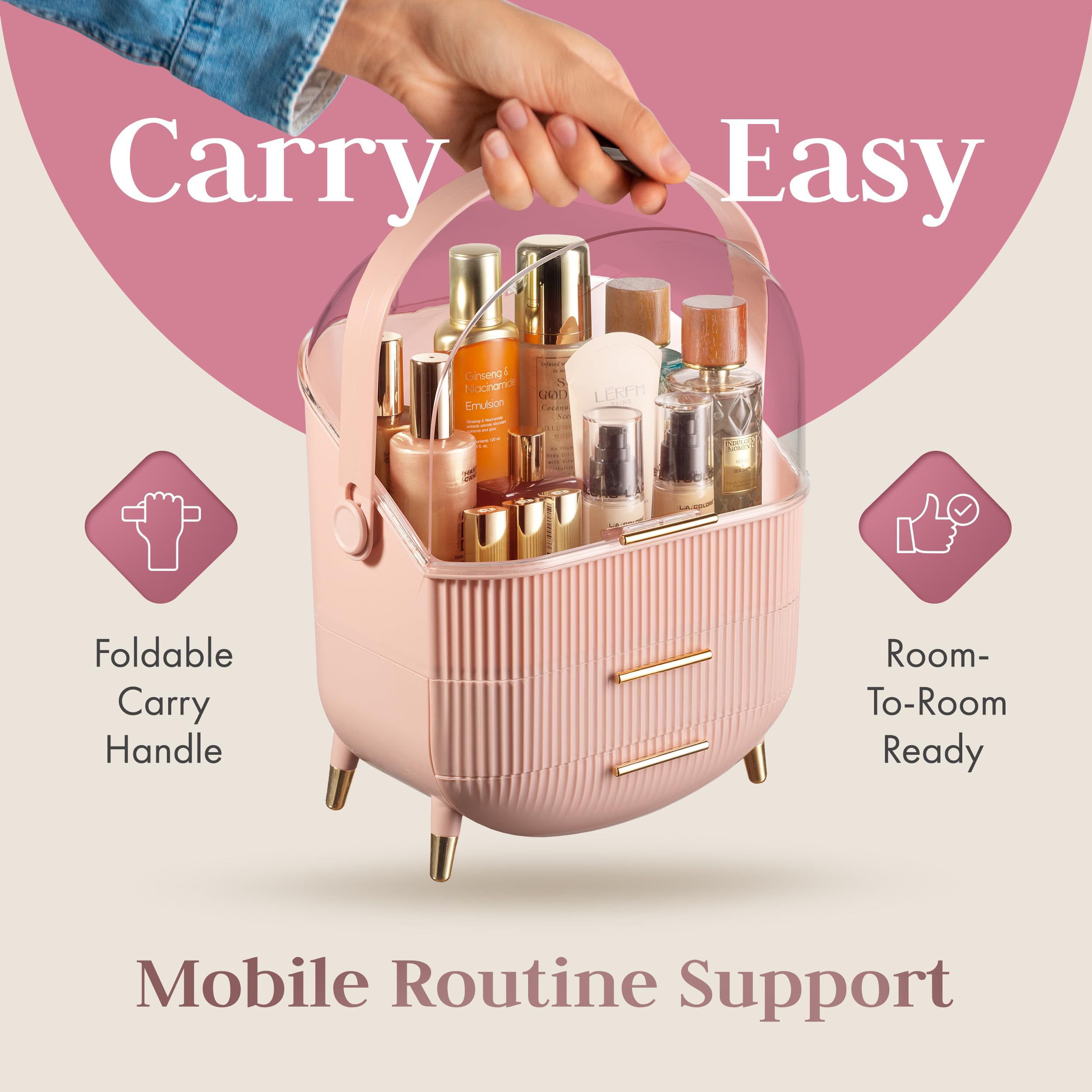 Oizeir portable carry-handle beauty storage lets you move routines between rooms easily.
