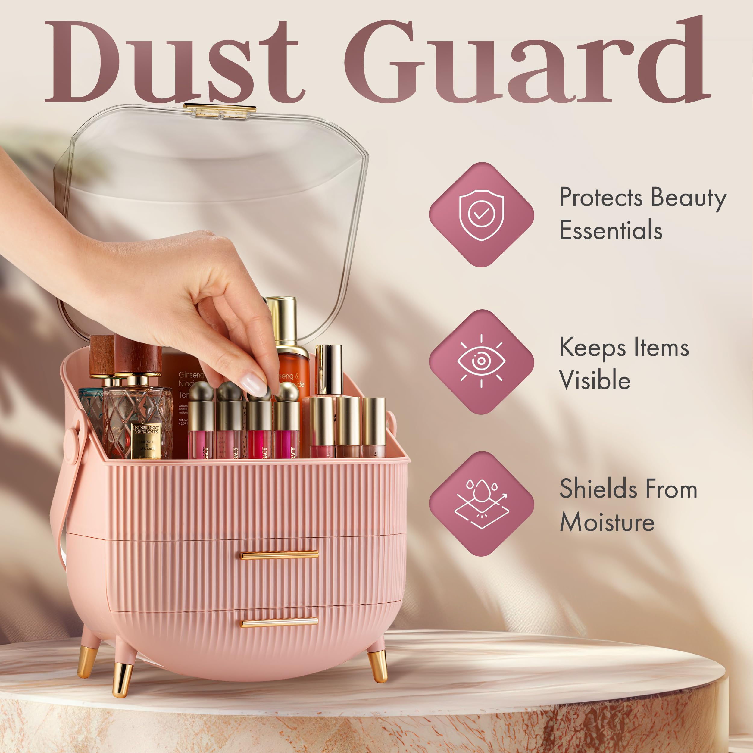 Oizeir skin-care organizer with drawers keeps brushes and bottles organized and accessible.