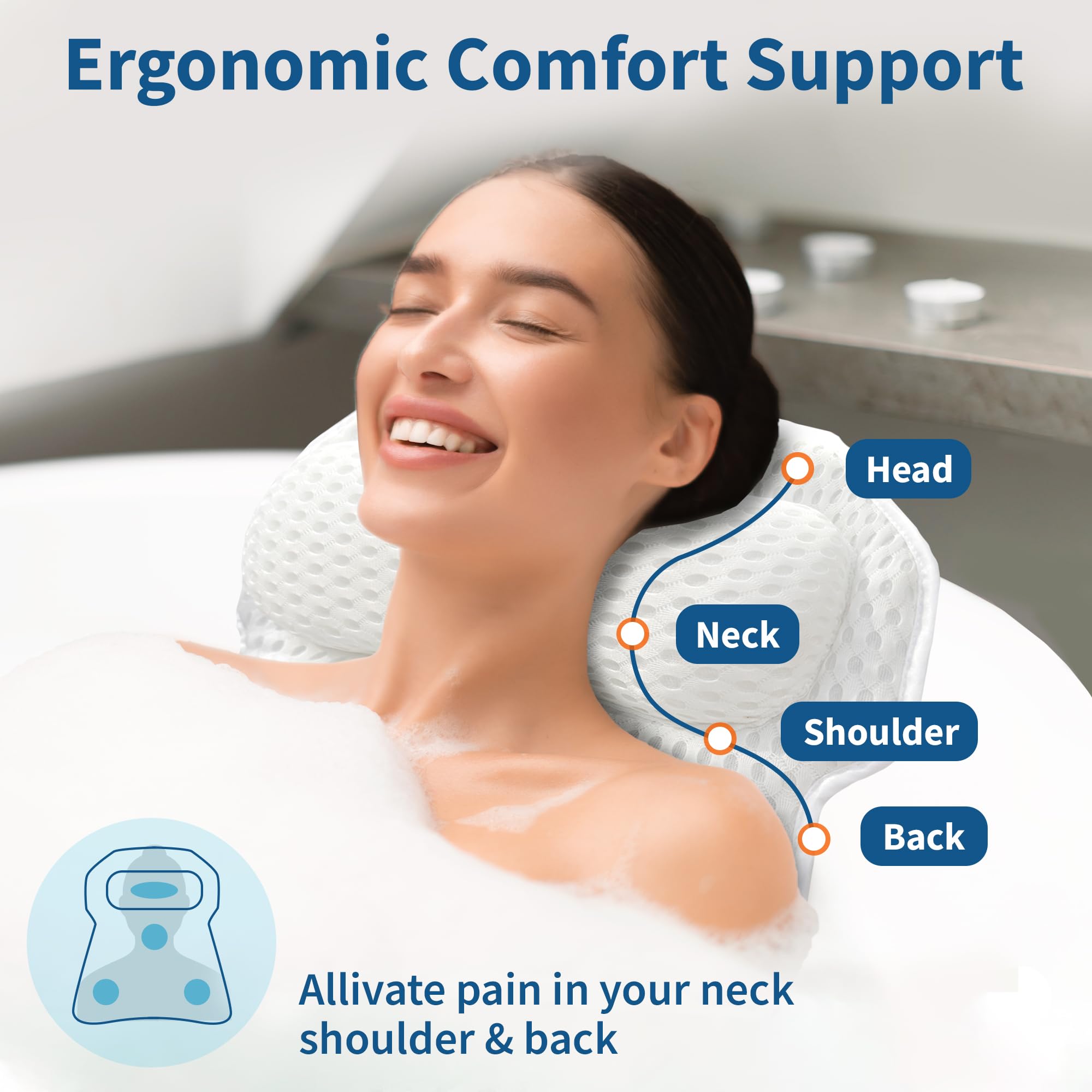OiZenhio Bath Pillow six suction cups secure pillow to tub surface for stable lounging
