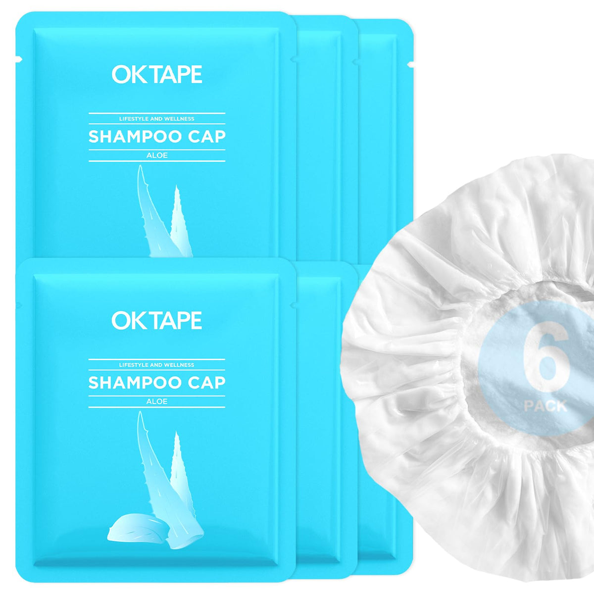 OK TAPE No Water Shampoo Cap 6-pack packaging highlights portable bath alternative.