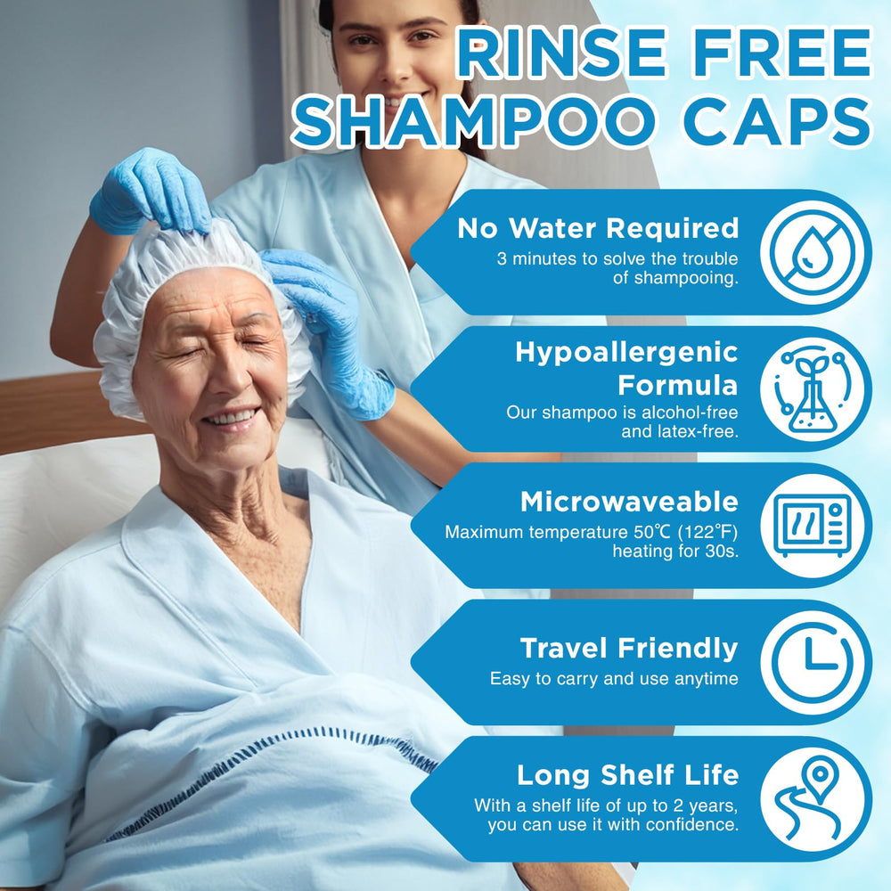 OK TAPE No Water Shampoo Cap on head enables quick waterless cleanse.