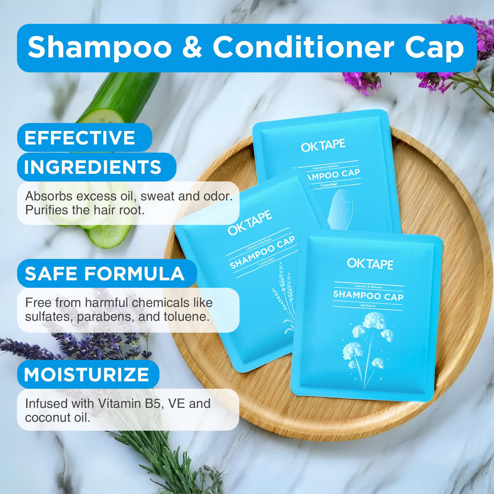 OK TAPE No Water Shampoo Caps cucumber scent used during camping for rinse-free wash.