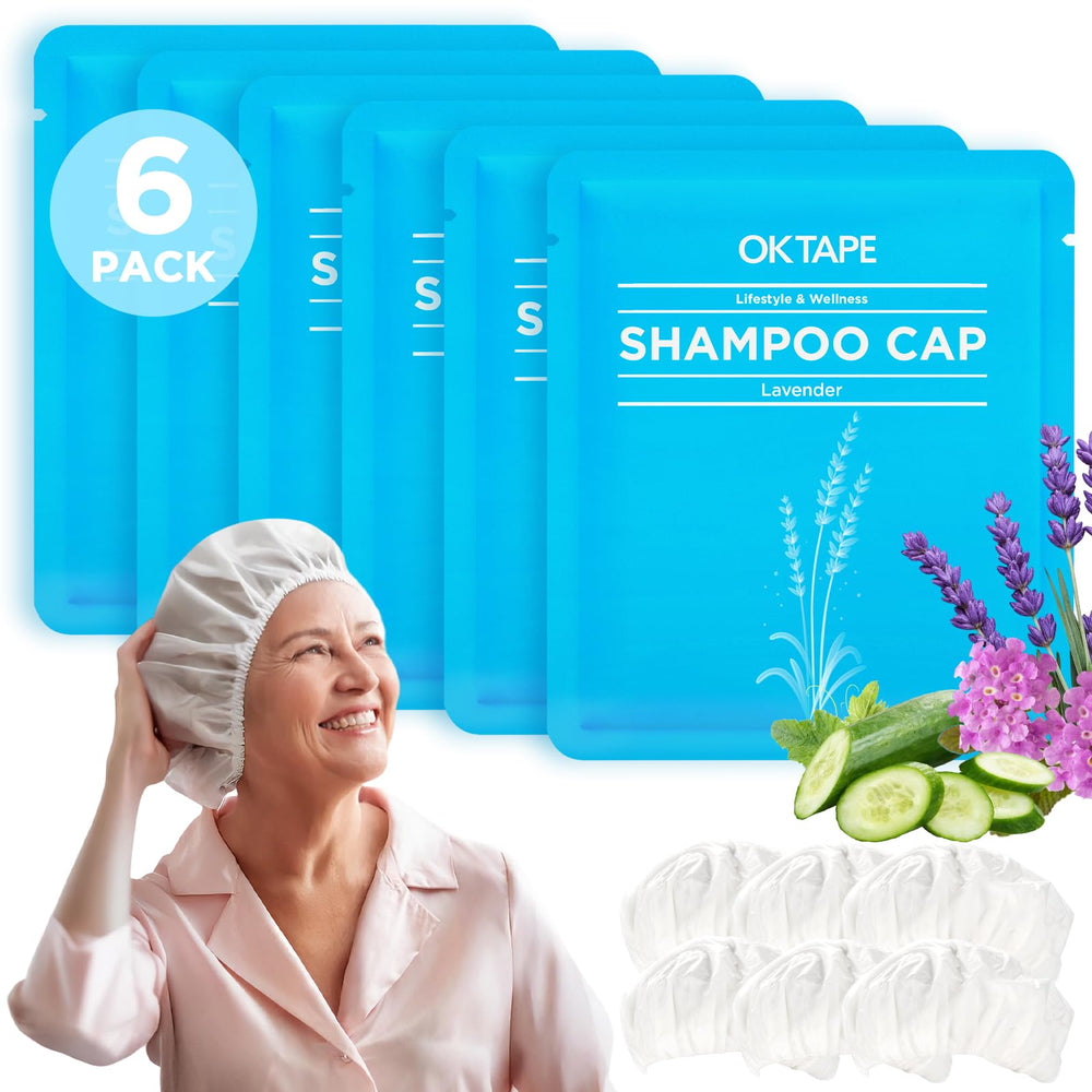 OK TAPE No Water Shampoo Caps lavender scent on head for refreshing cleanse without rinsing.