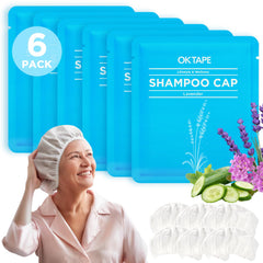OK TAPE No Water Shampoo Caps lavender scent on head for refreshing cleanse without rinsing.